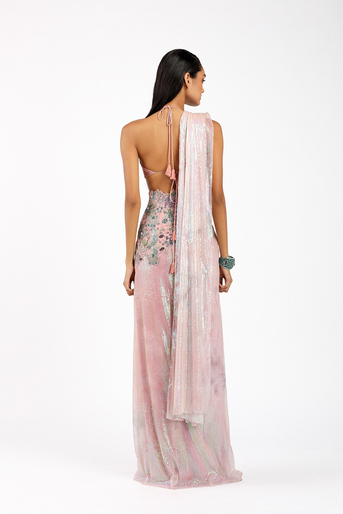Astralé - Blush Pink Sequin Tulle Pre-Drapped Saree Set