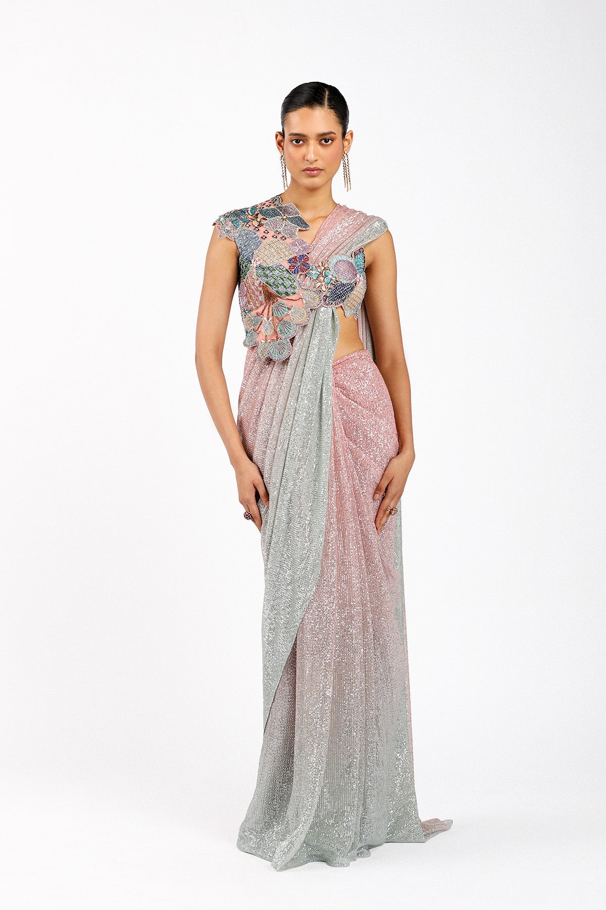 Blume - Pink- Silver Tulle Net Saree Set - Ready To Ship
