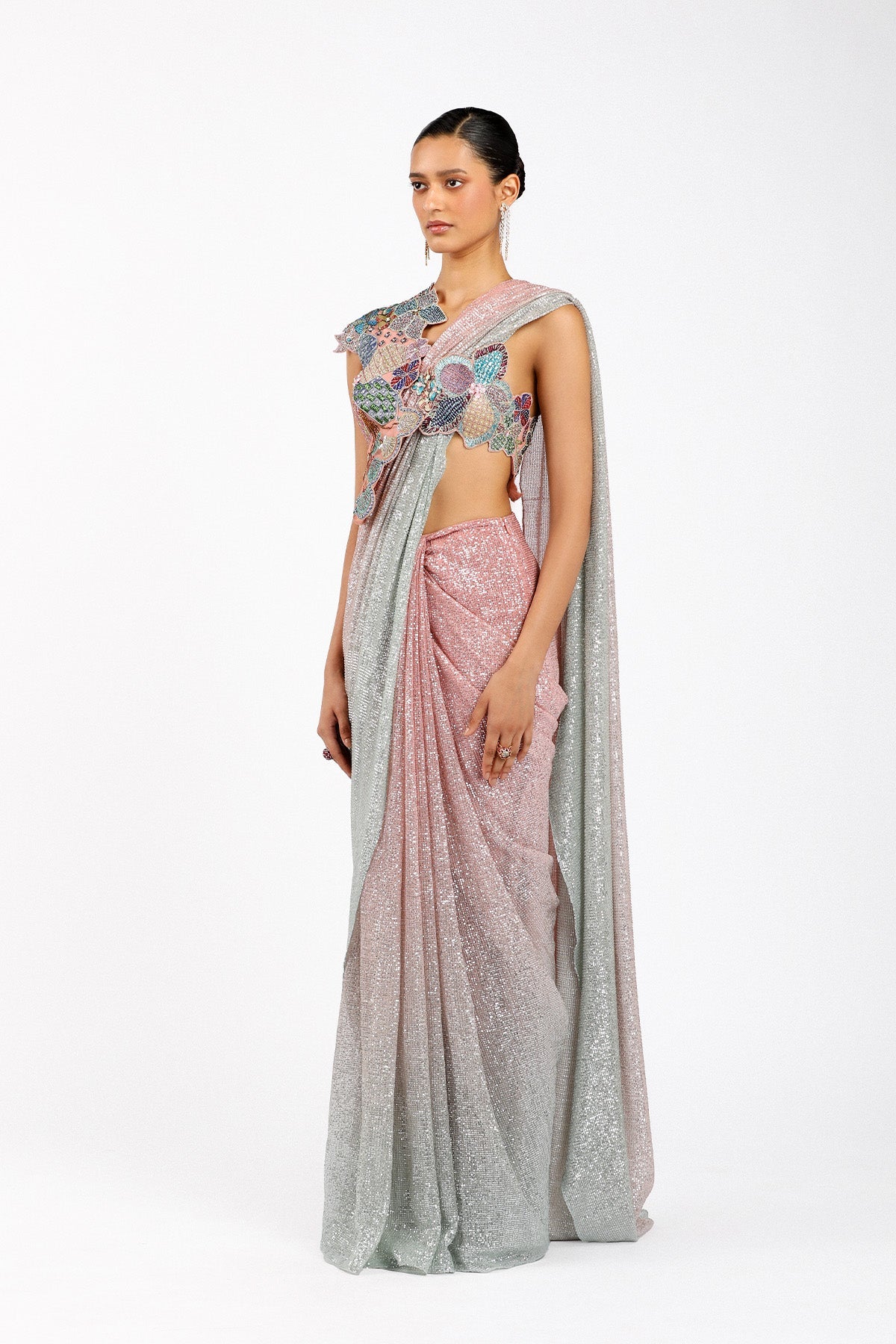 Blume - Pink- Silver Tulle Net Saree Set - Ready To Ship