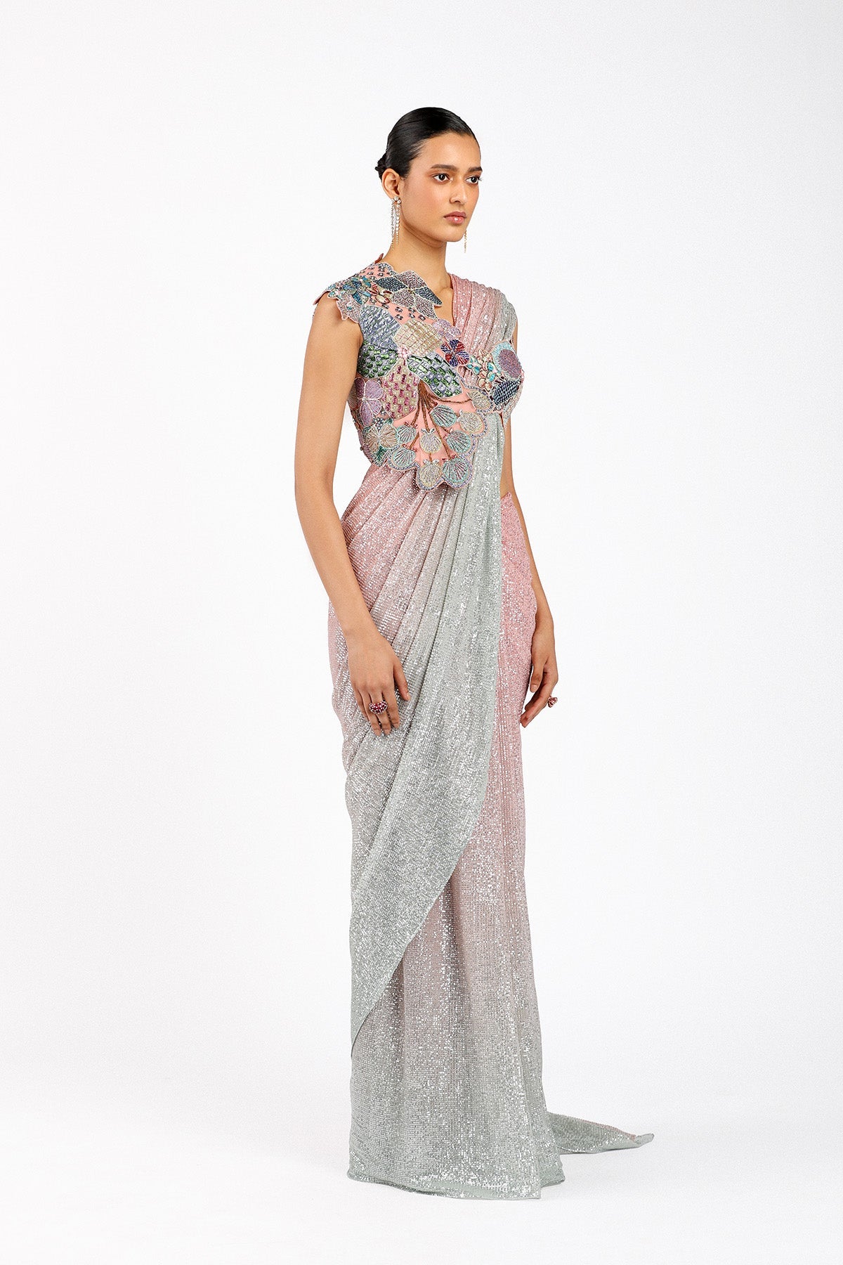 Blume - Pink- Silver Tulle Net Saree Set - Ready To Ship