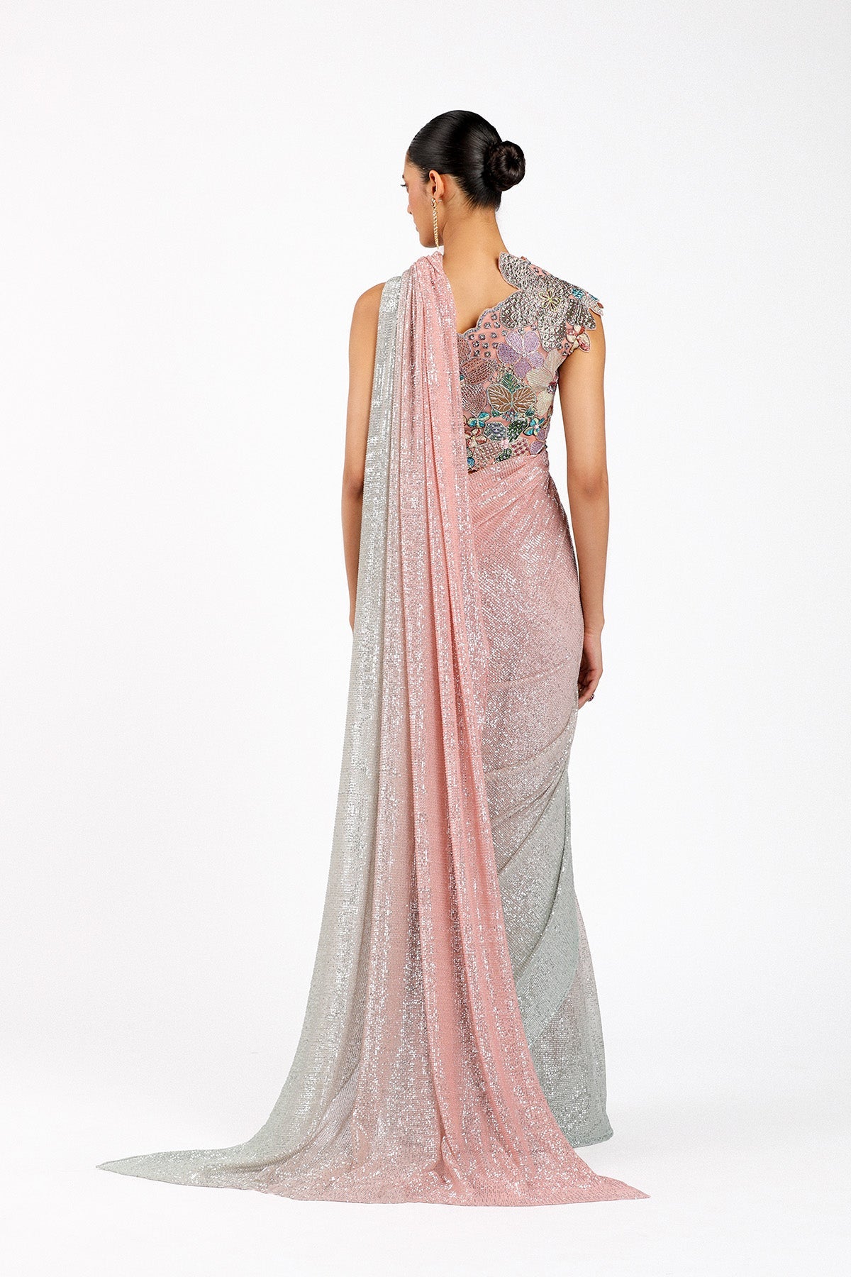 Blume - Pink- Silver Tulle Net Saree Set - Ready To Ship