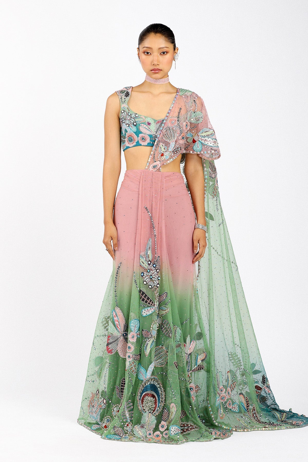 Verdance - Pink Green Tulle Net Saree Set
