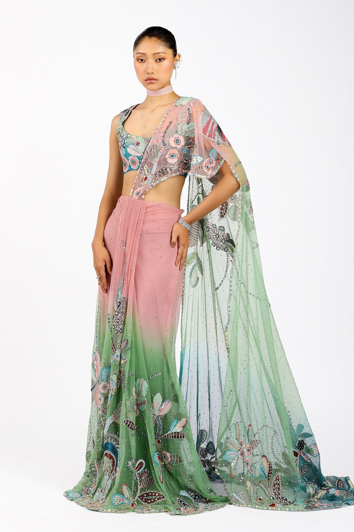 Verdance - Pink Green Tulle Net Saree Set