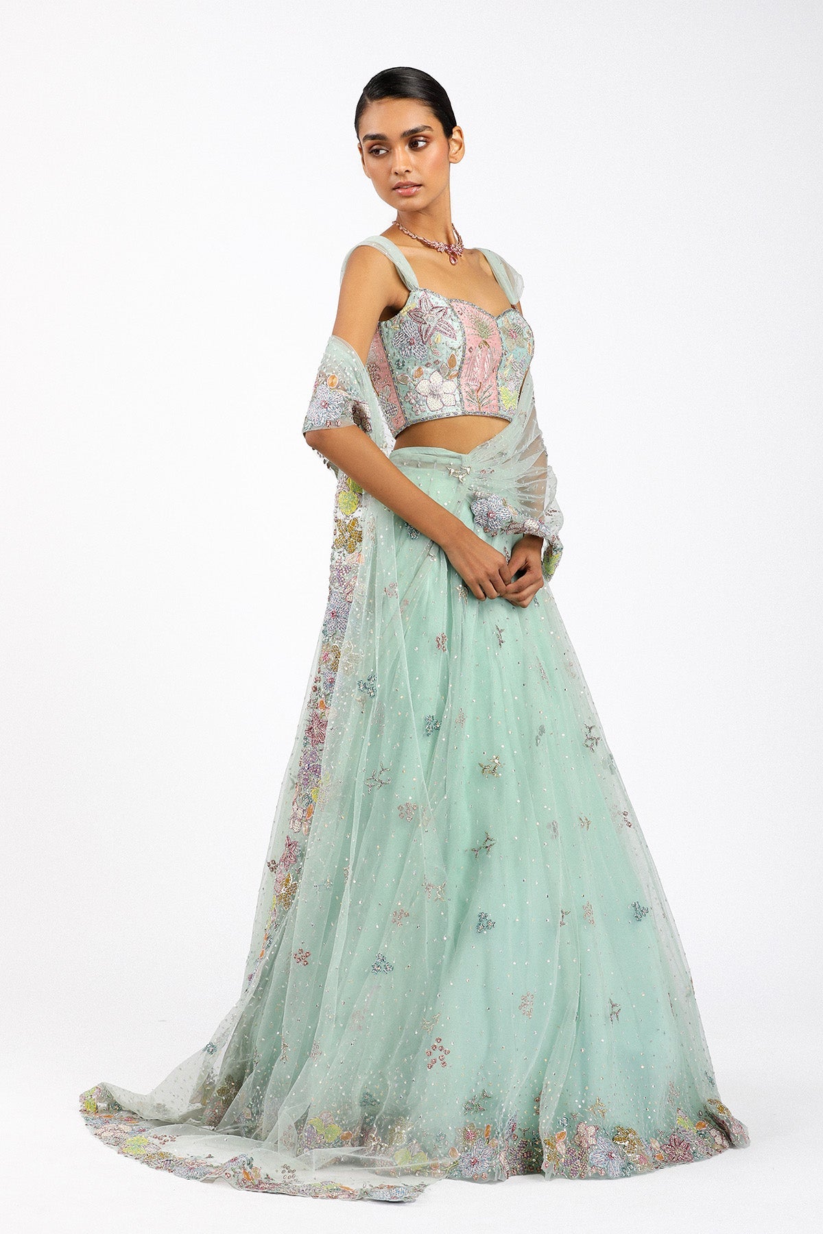 AzalŽe - Baby Blue Tulle Net Saree Lehenga Set