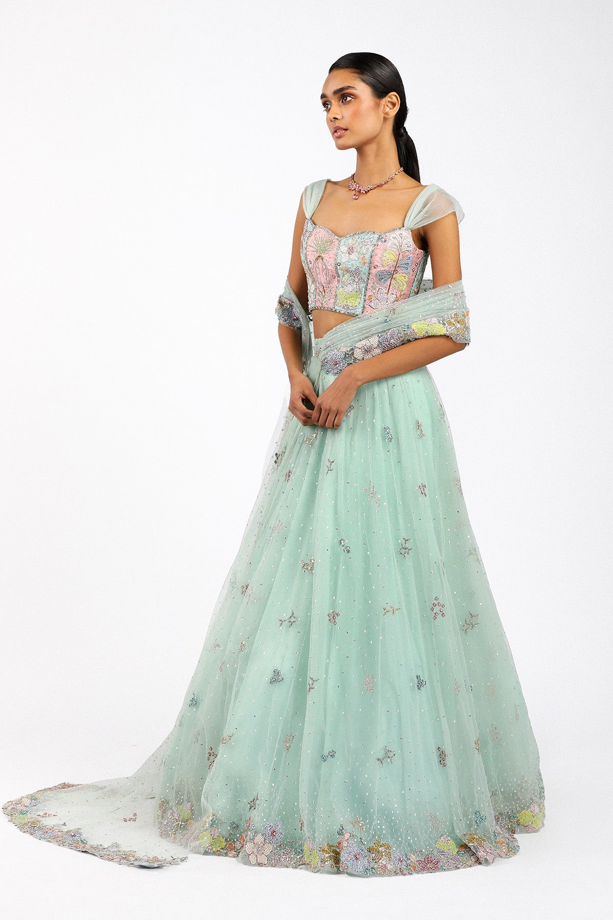 AzalŽe - Baby Blue Tulle Net Saree Lehenga Set