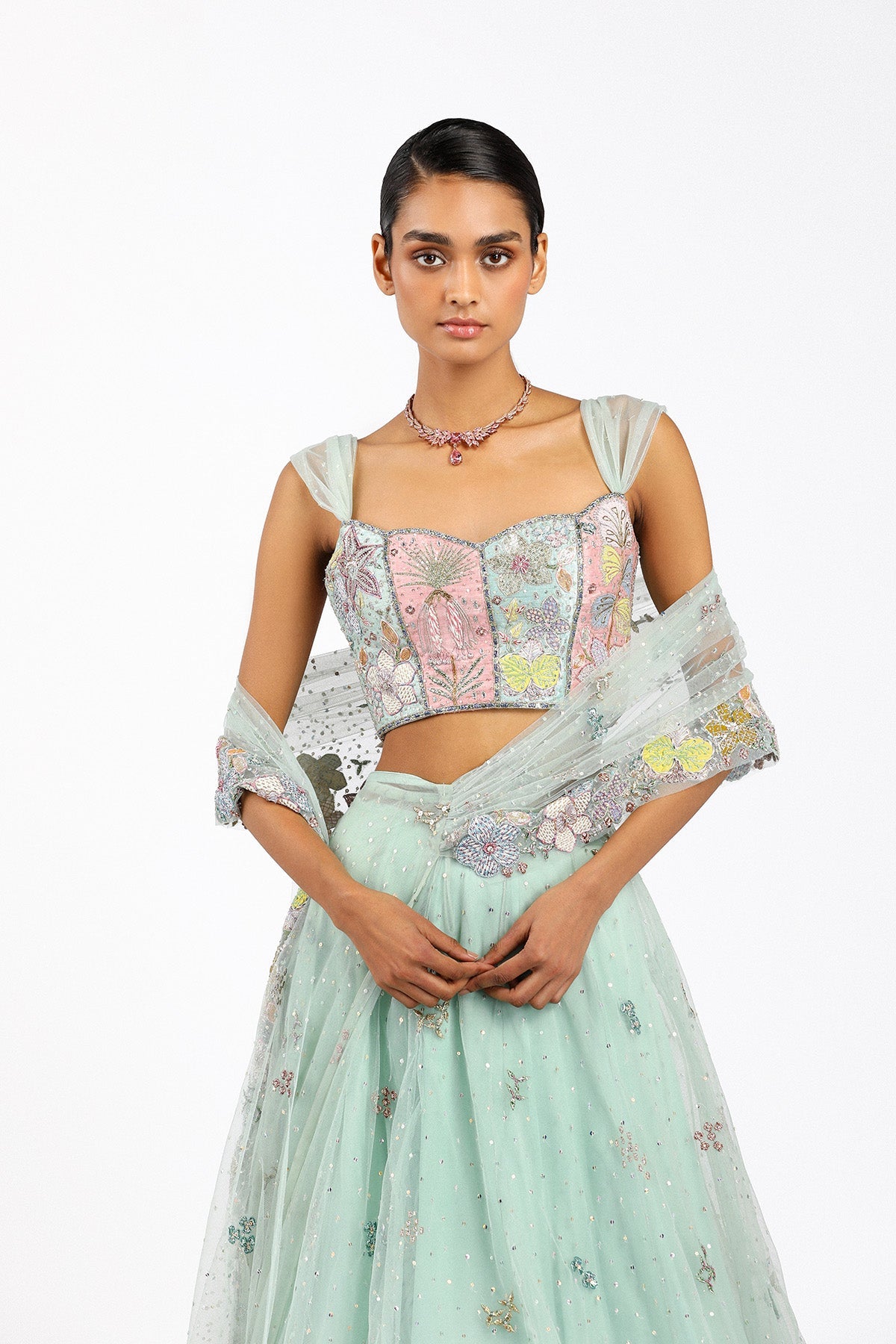AzalŽe - Baby Blue Tulle Net Saree Lehenga Set