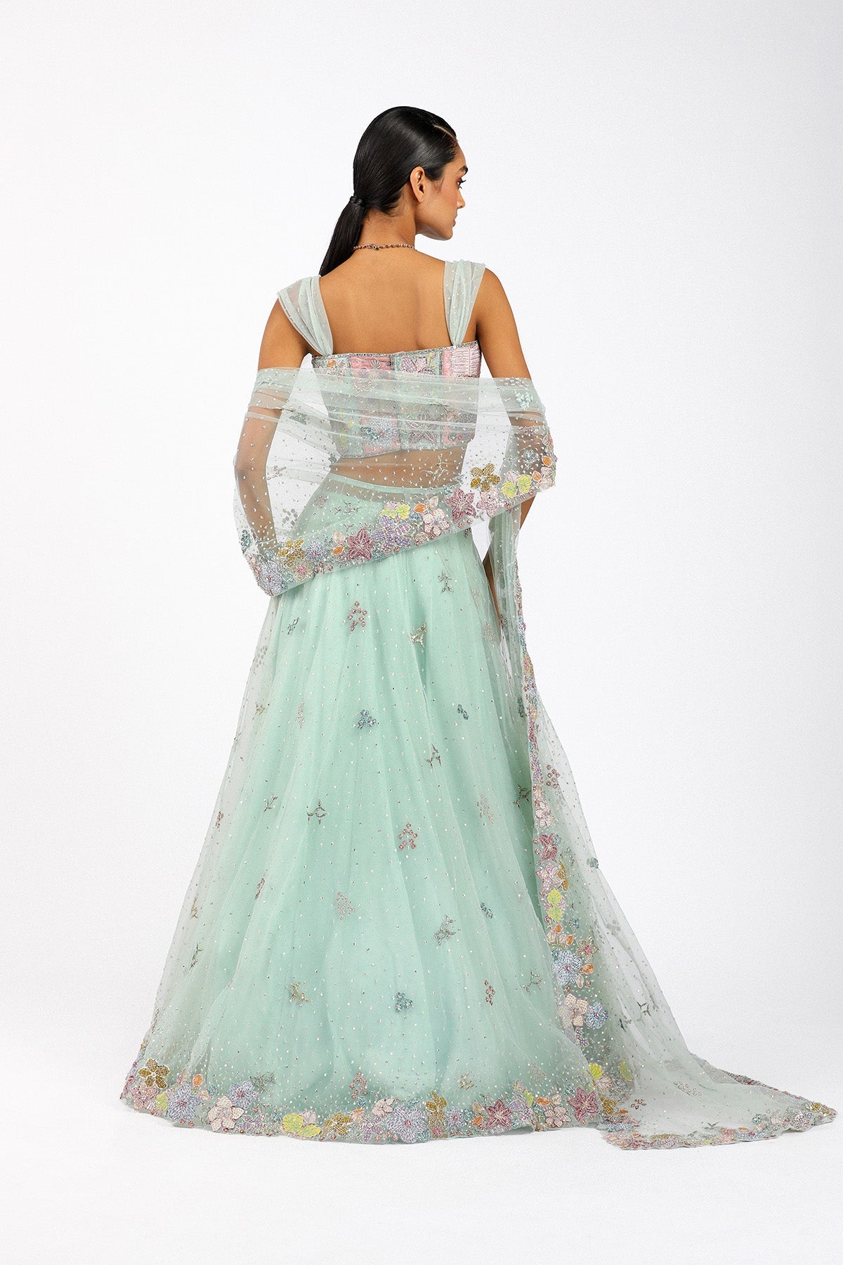 AzalŽe - Baby Blue Tulle Net Saree Lehenga Set