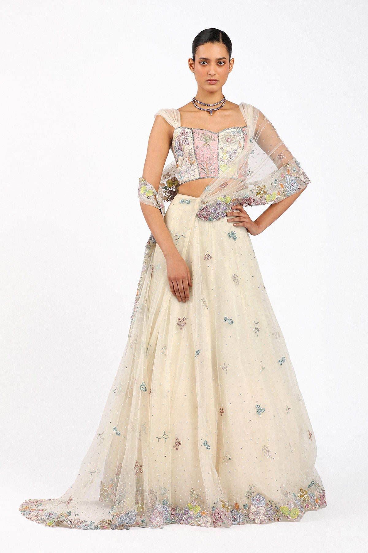 Azalée - Ivory Tulle Net Saree Lehenga Set
