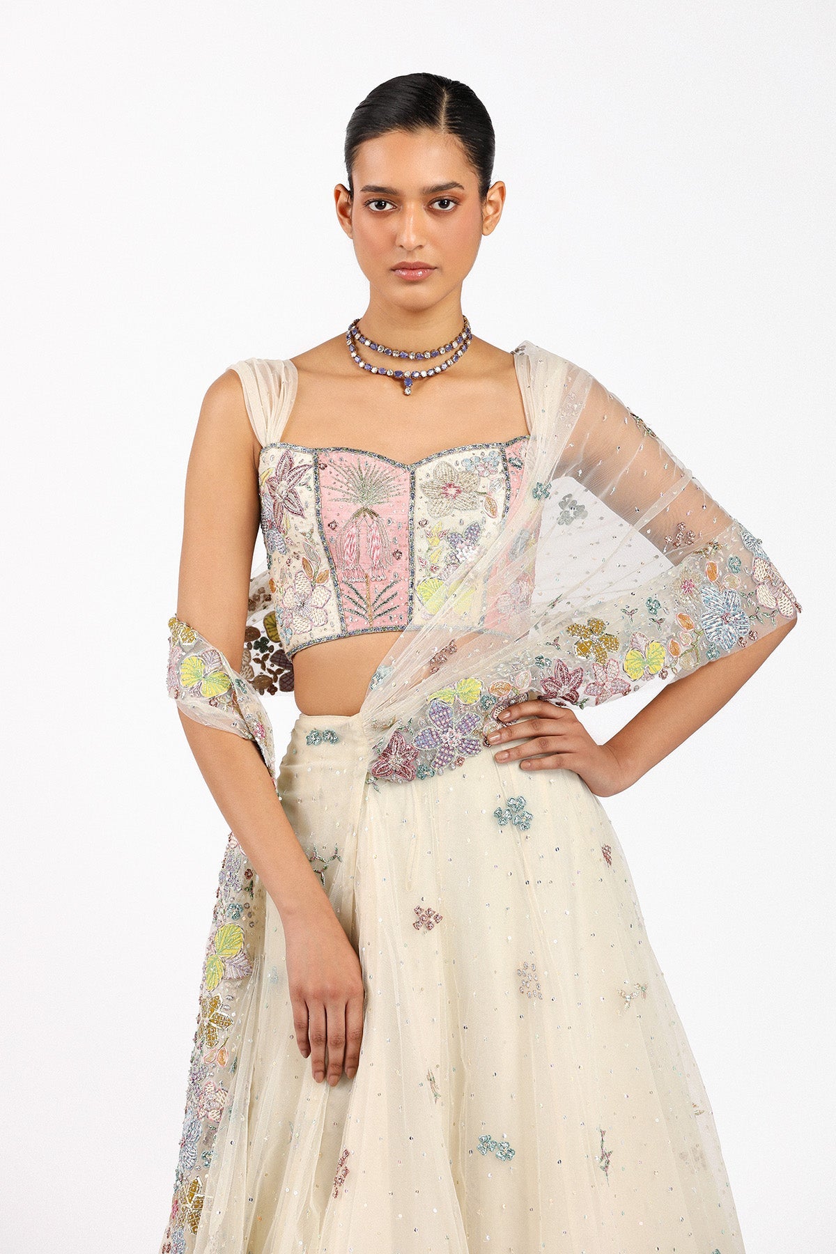 Azalée - Ivory Tulle Net Saree Lehenga Set