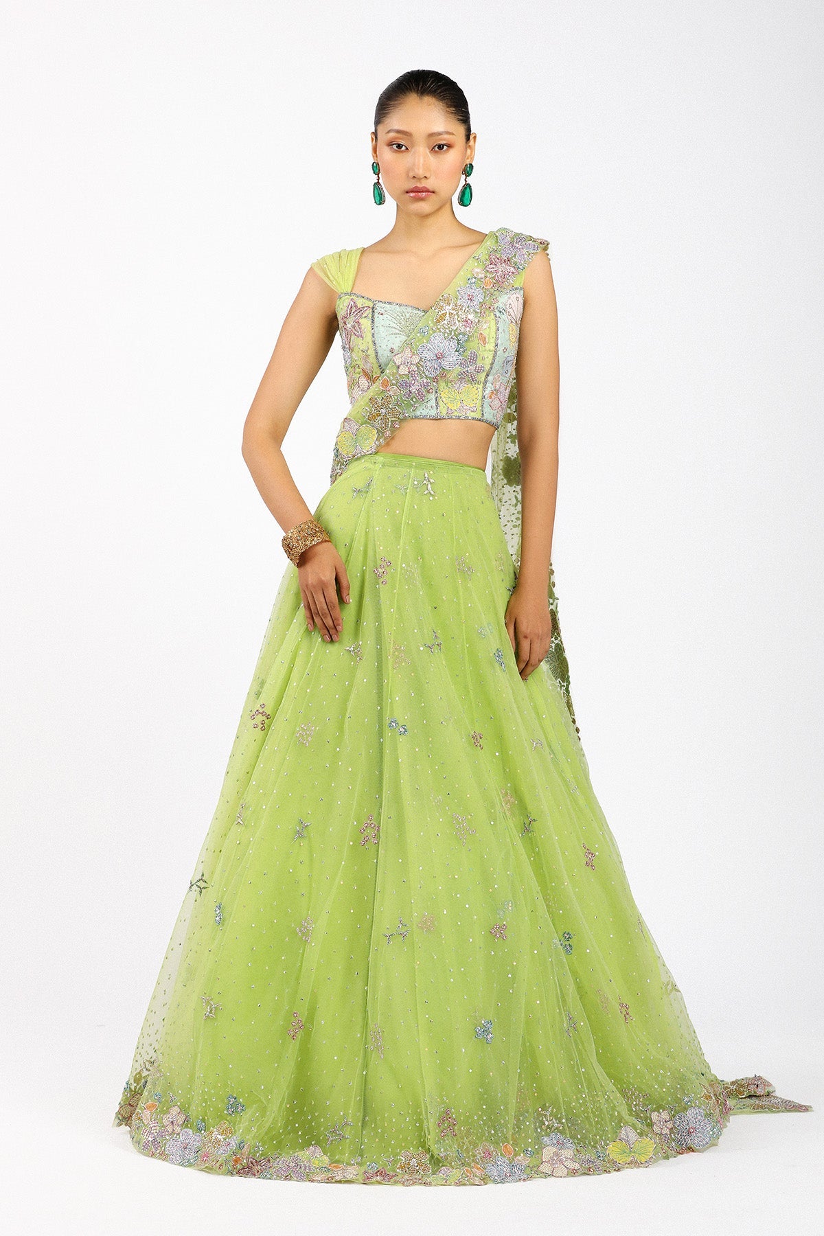 Azalée - Lime Green Tulle Net Saree Lehenga Set