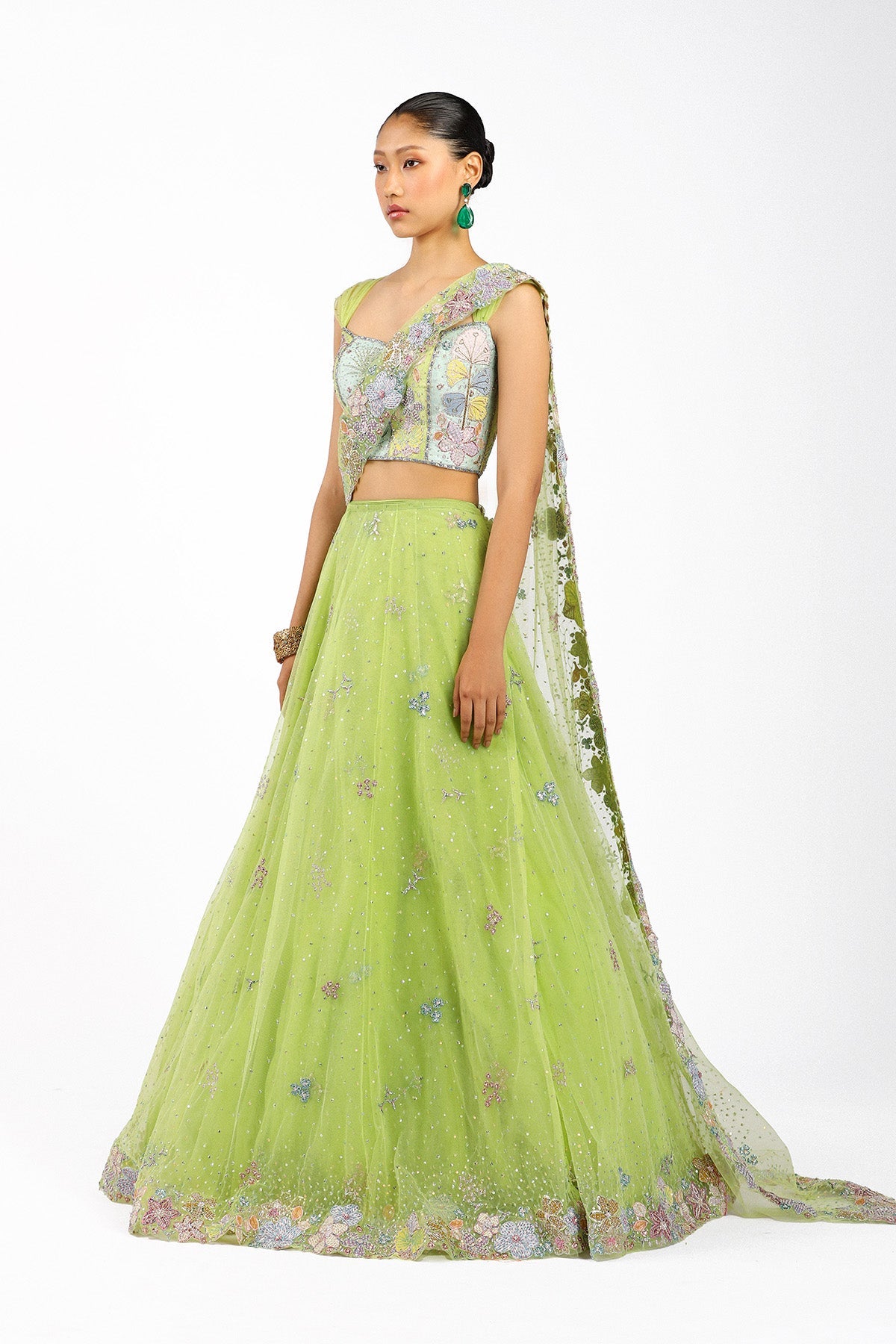 Azalée - Lime Green Tulle Net Saree Lehenga Set