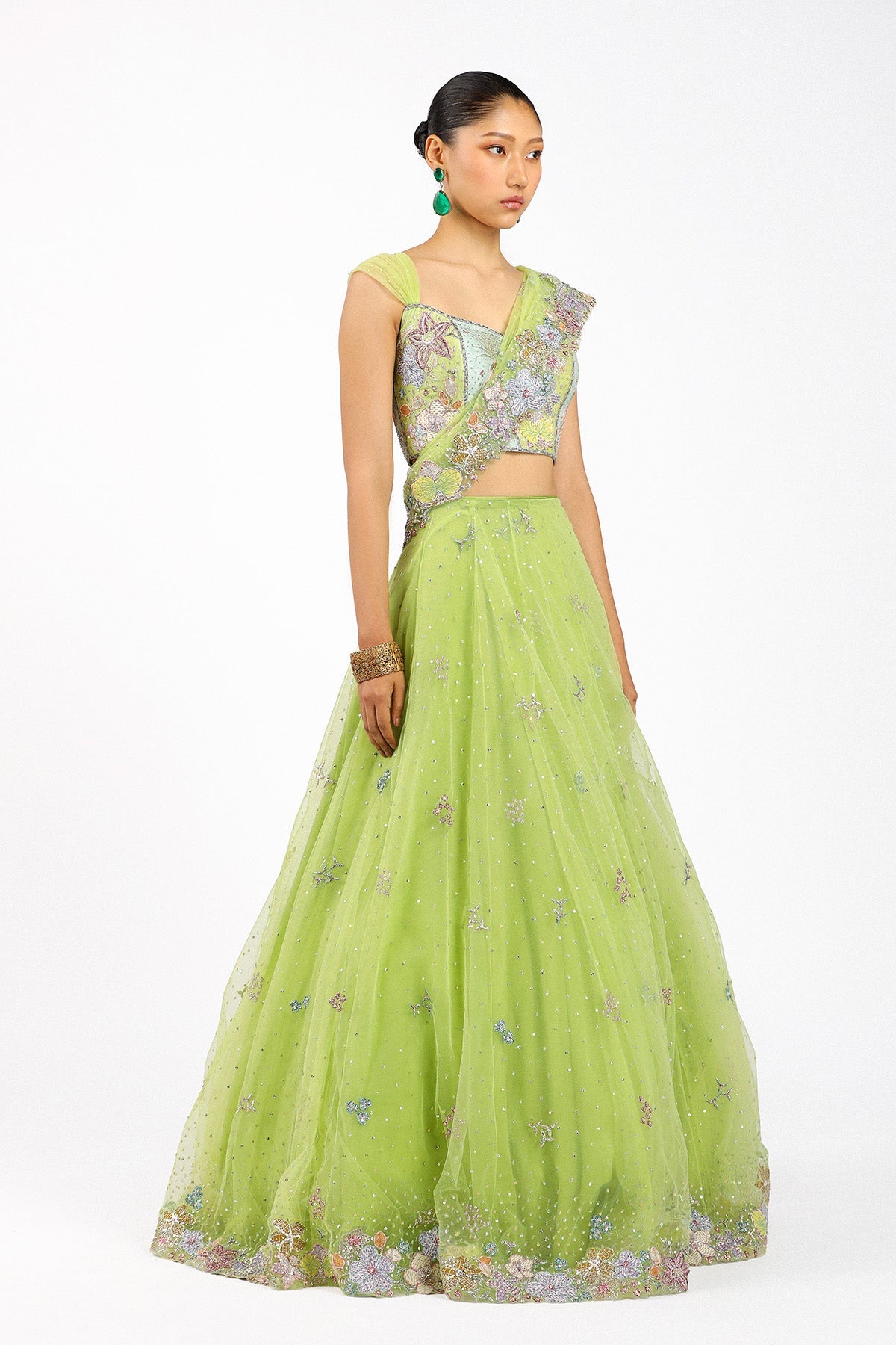 Azalée - Lime Green Tulle Net Saree Lehenga Set