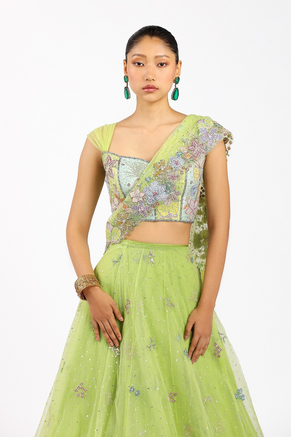 Azalée - Lime Green Tulle Net Saree Lehenga Set
