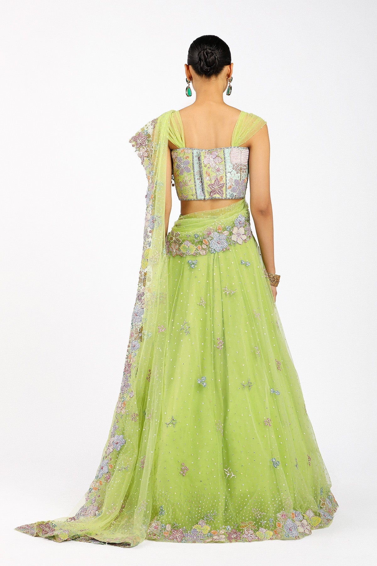 Azalée - Lime Green Tulle Net Saree Lehenga Set
