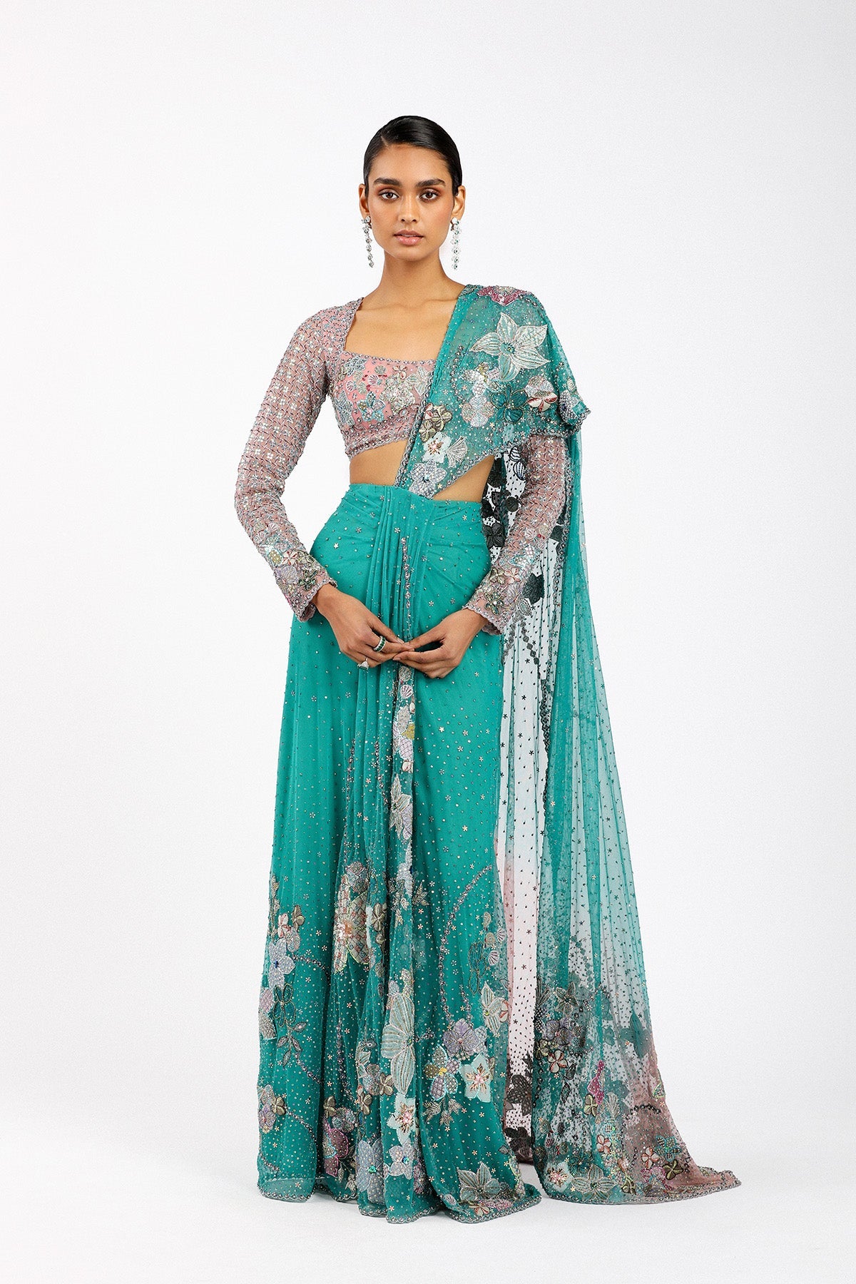 Myrielle - Turq-Pink Tulle Net Saree Set