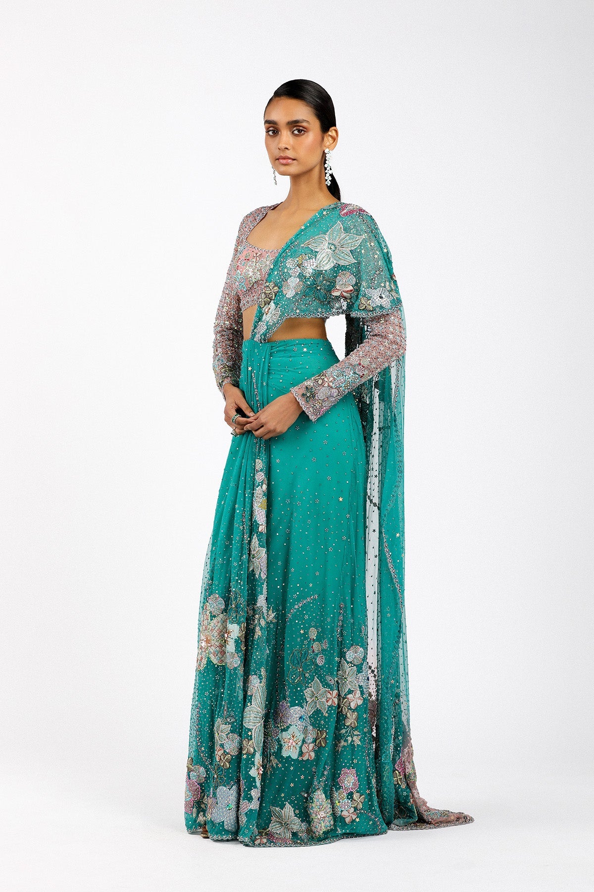 Myrielle - Turq-Pink Tulle Net Saree Set
