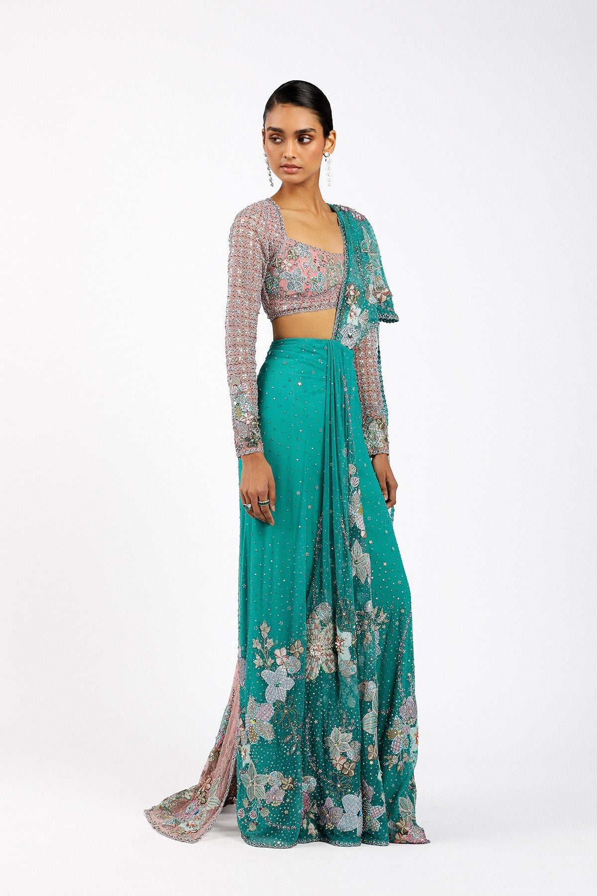 Myrielle - Turq-Pink Tulle Net Saree Set