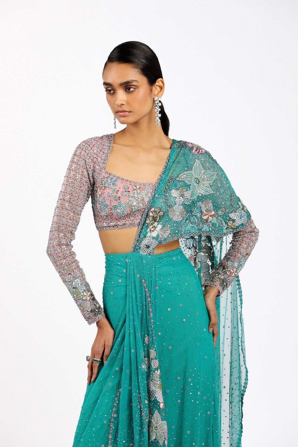 Myrielle - Turq-Pink Tulle Net Saree Set