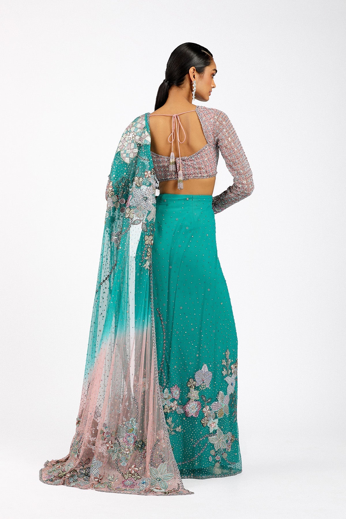 Myrielle - Turq-Pink Tulle Net Saree Set