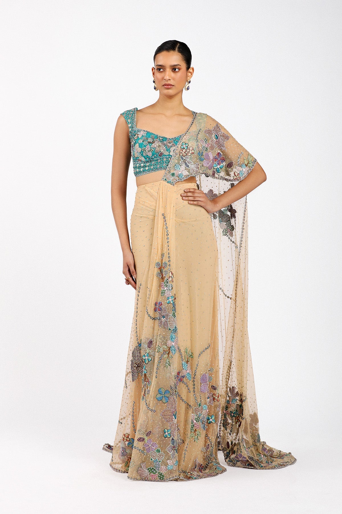 Stélla - Bisque Tulle Net Pre Draped Saree Set