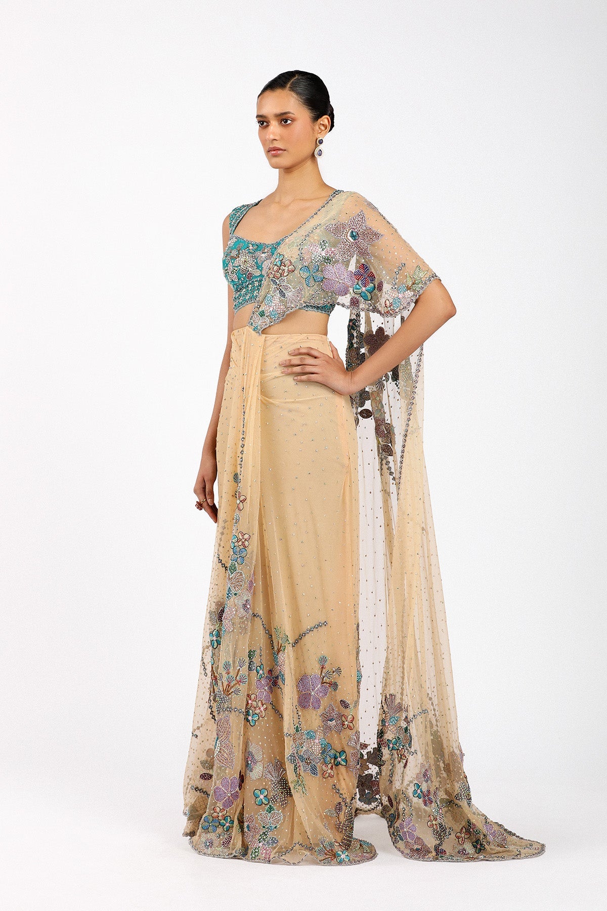 Stélla - Bisque Tulle Net Pre Draped Saree Set