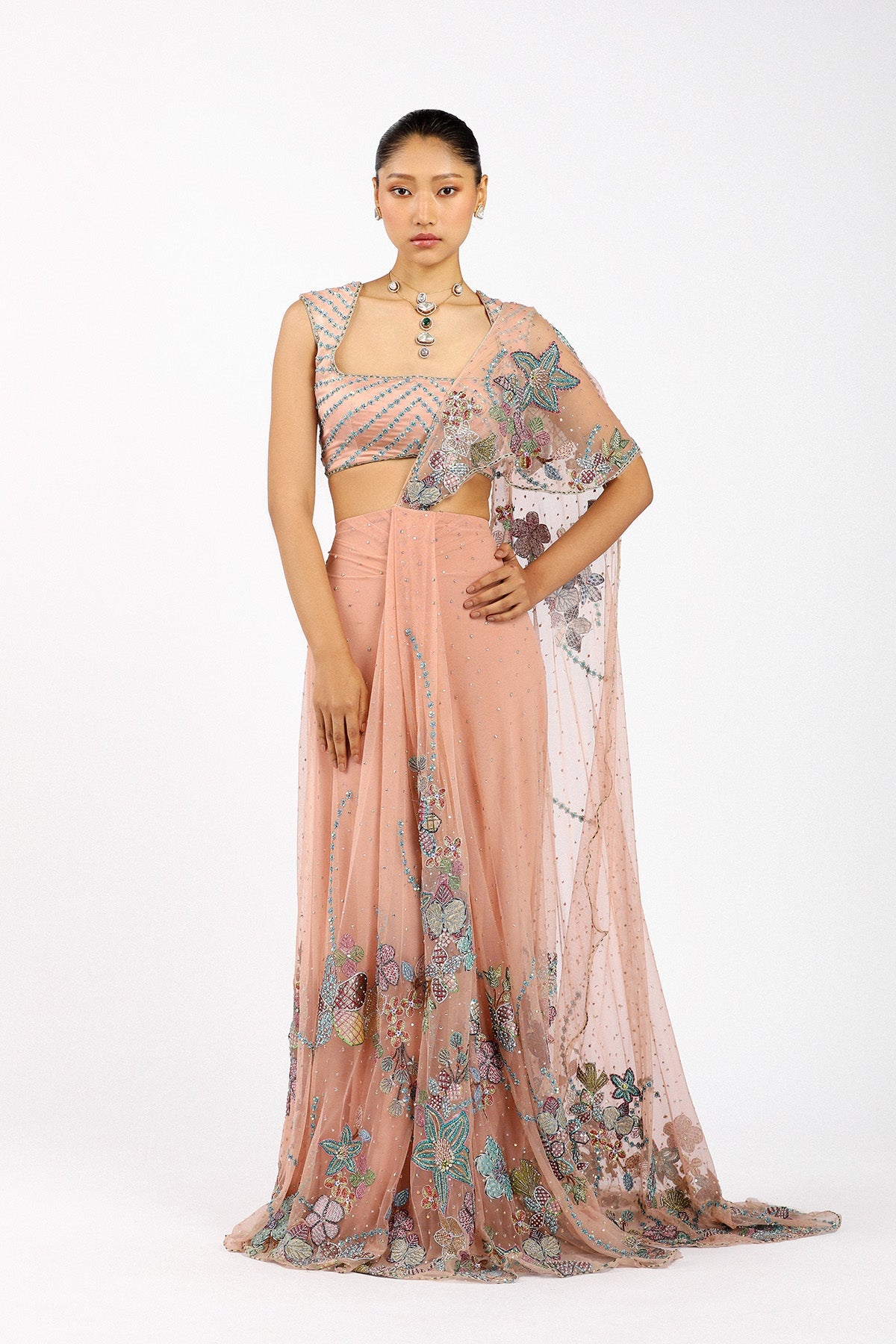 Percilia - Peach Tulle Net Saree Set