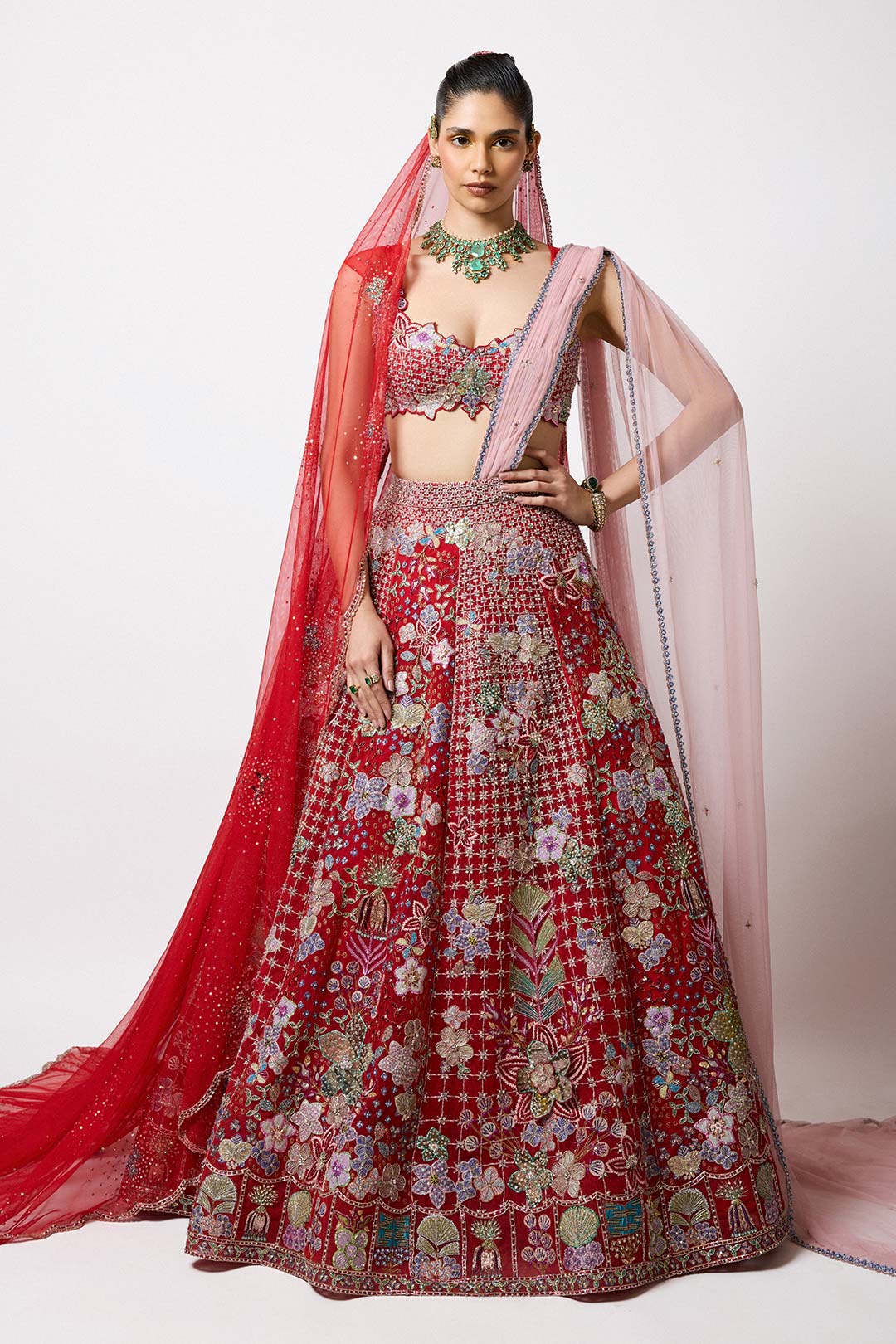 Lilivane - Red Tulle Net Lehenga Set