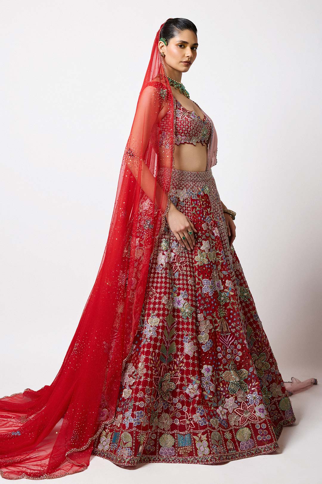 Lilivane - Red Tulle Net Lehenga Set