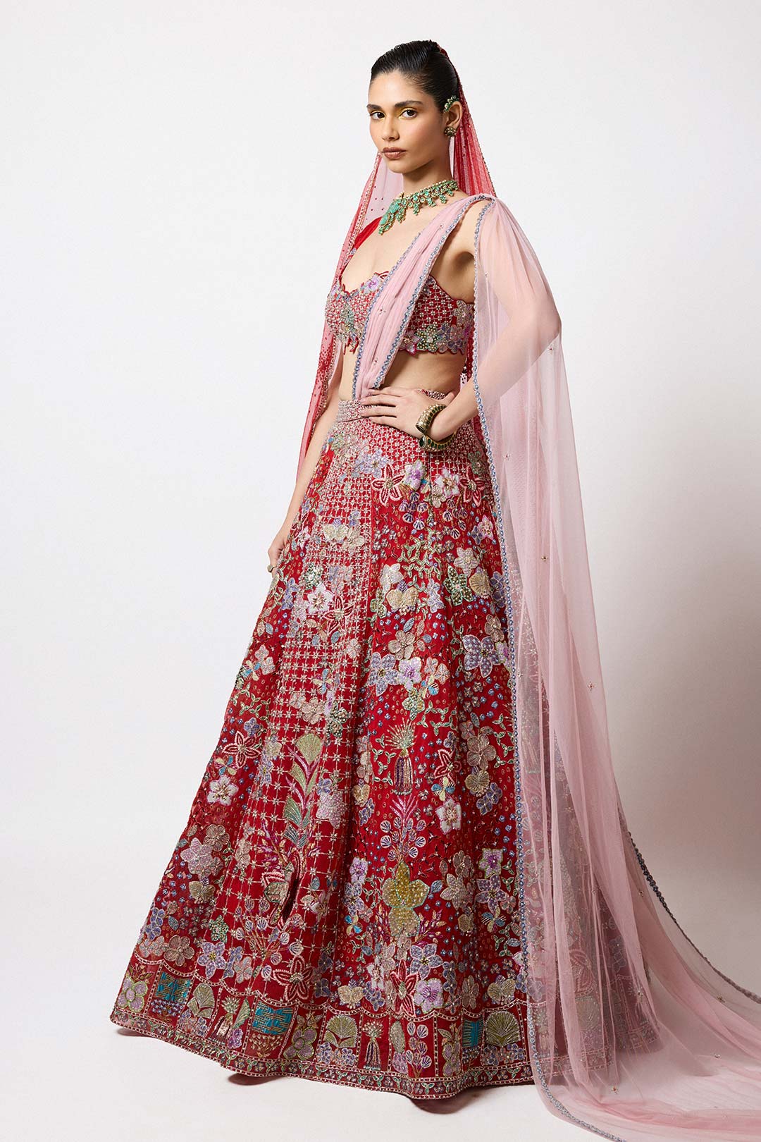 Lilivane - Red Tulle Net Lehenga Set