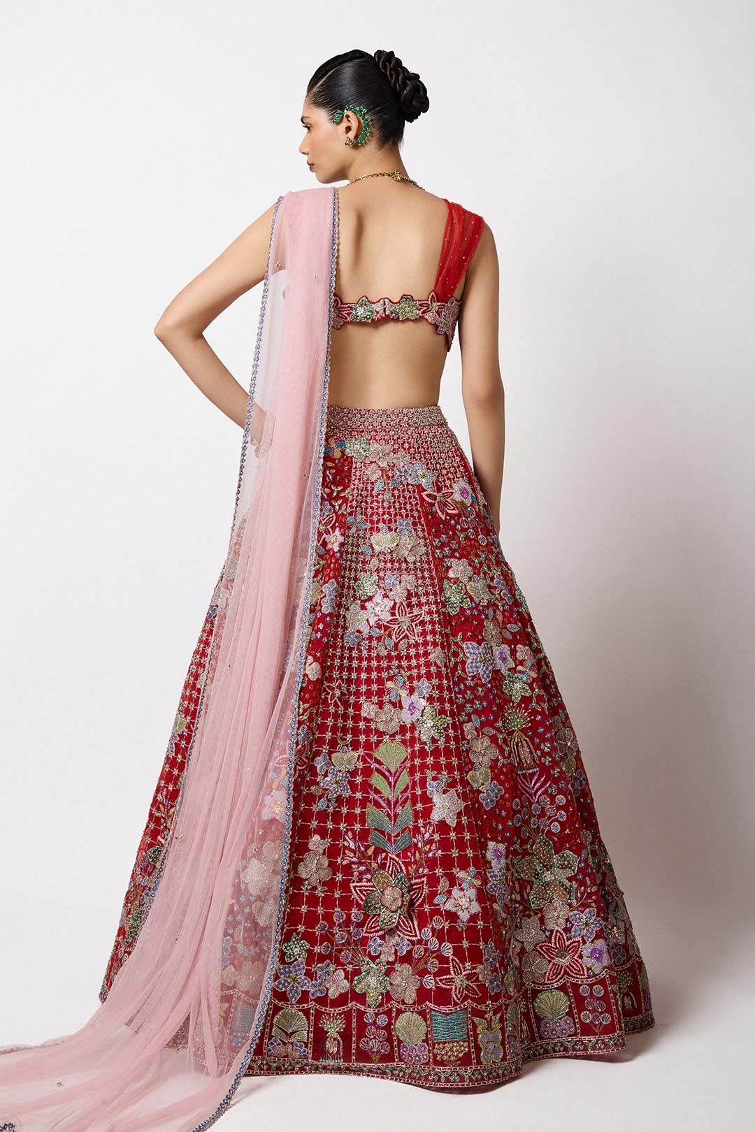 Lilivane - Red Tulle Net Lehenga Set