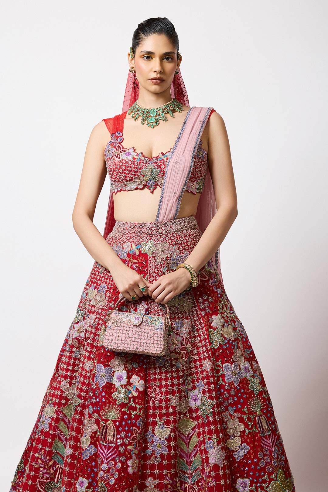 Lilivane - Red Tulle Net Lehenga Set