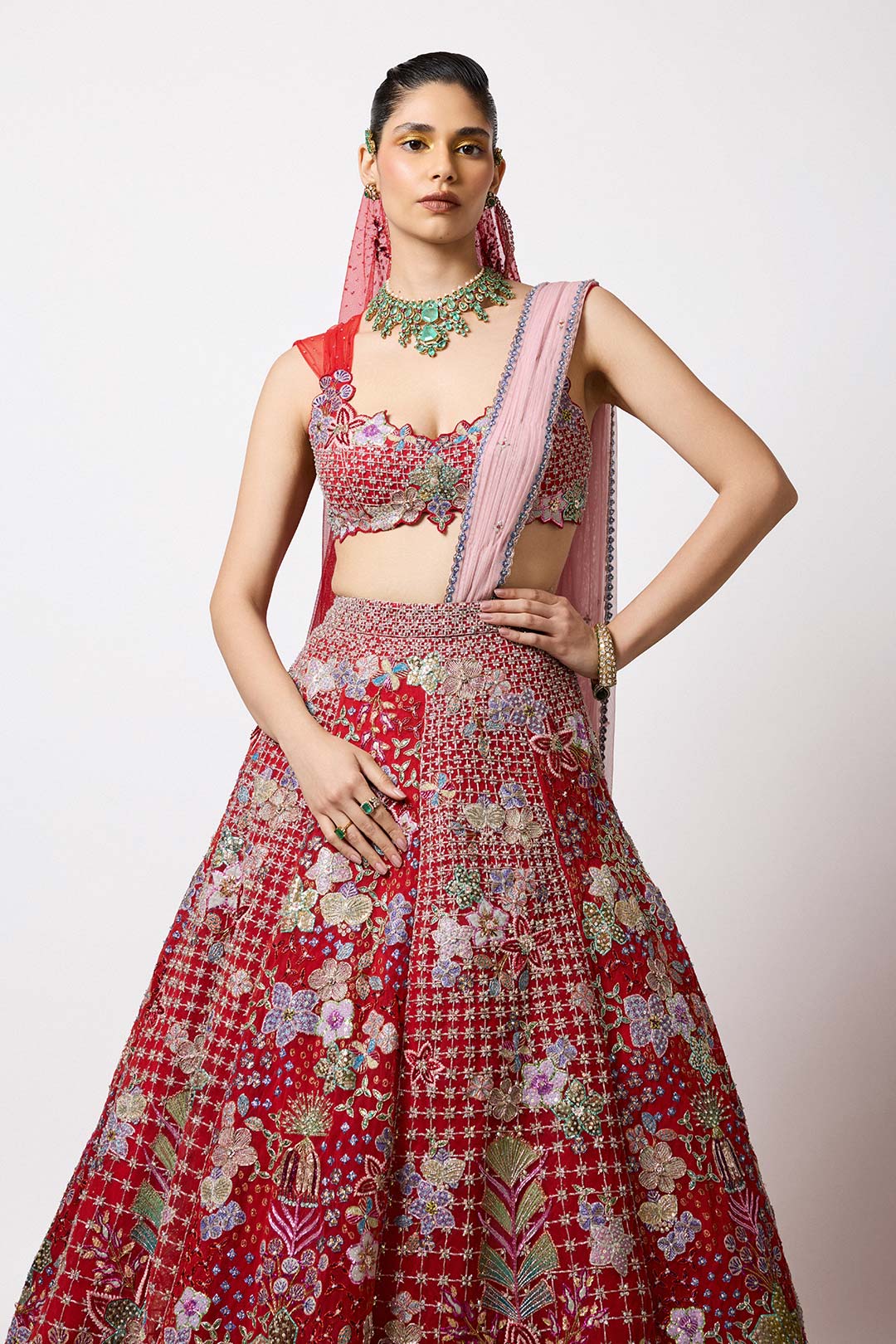 Lilivane - Red Tulle Net Lehenga Set
