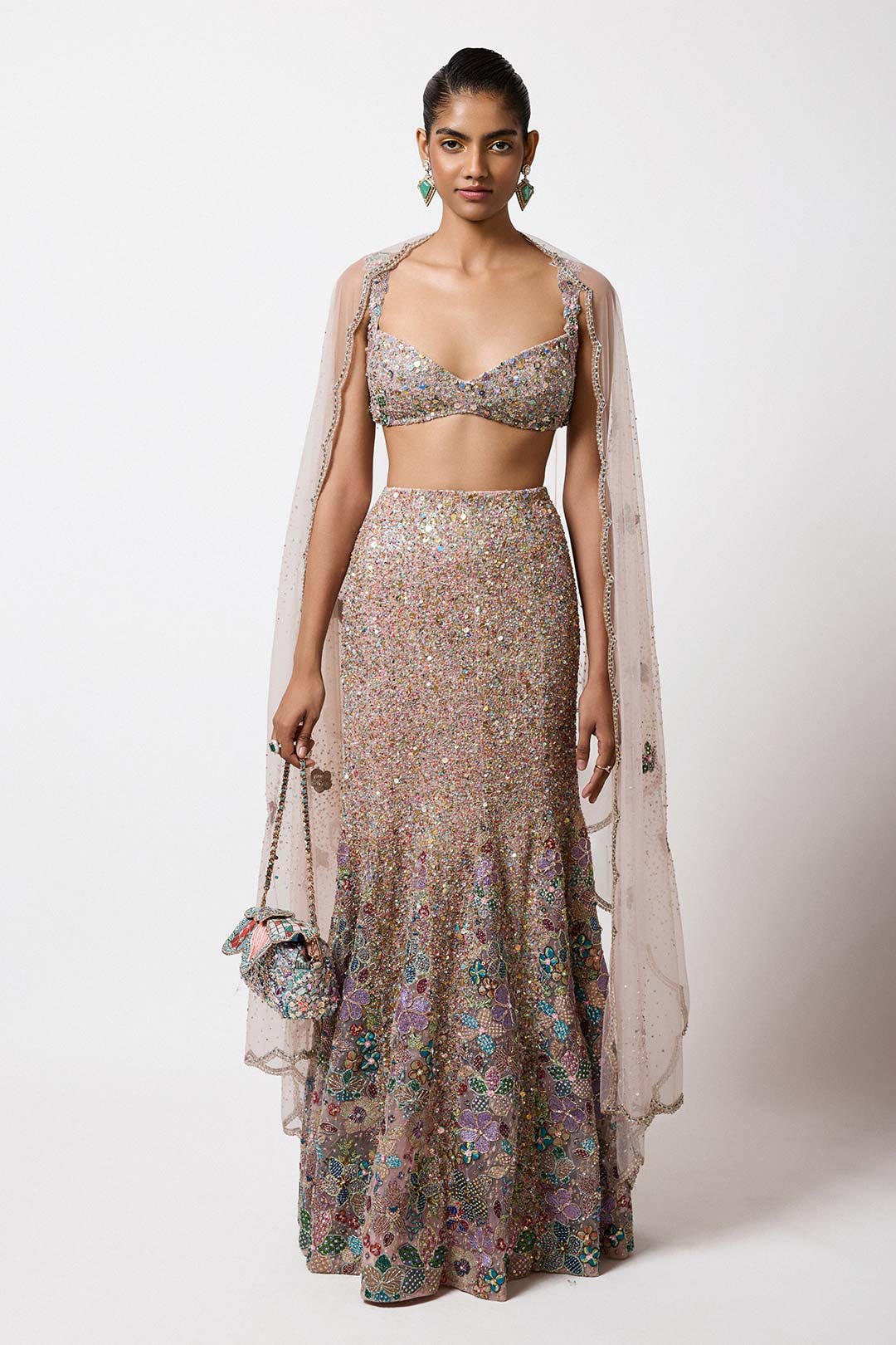 Belladee - Pink Tulle Net Fish Tail Lehenga Set