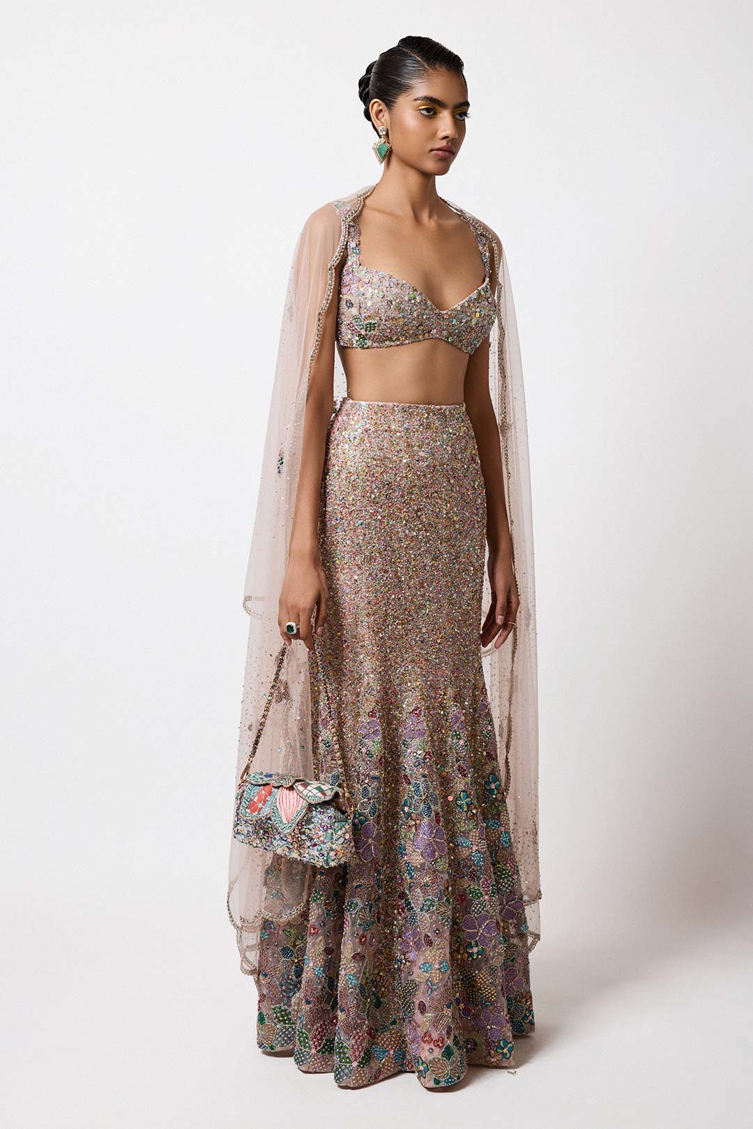 Belladee - Pink Tulle Net Fish Tail Lehenga Set