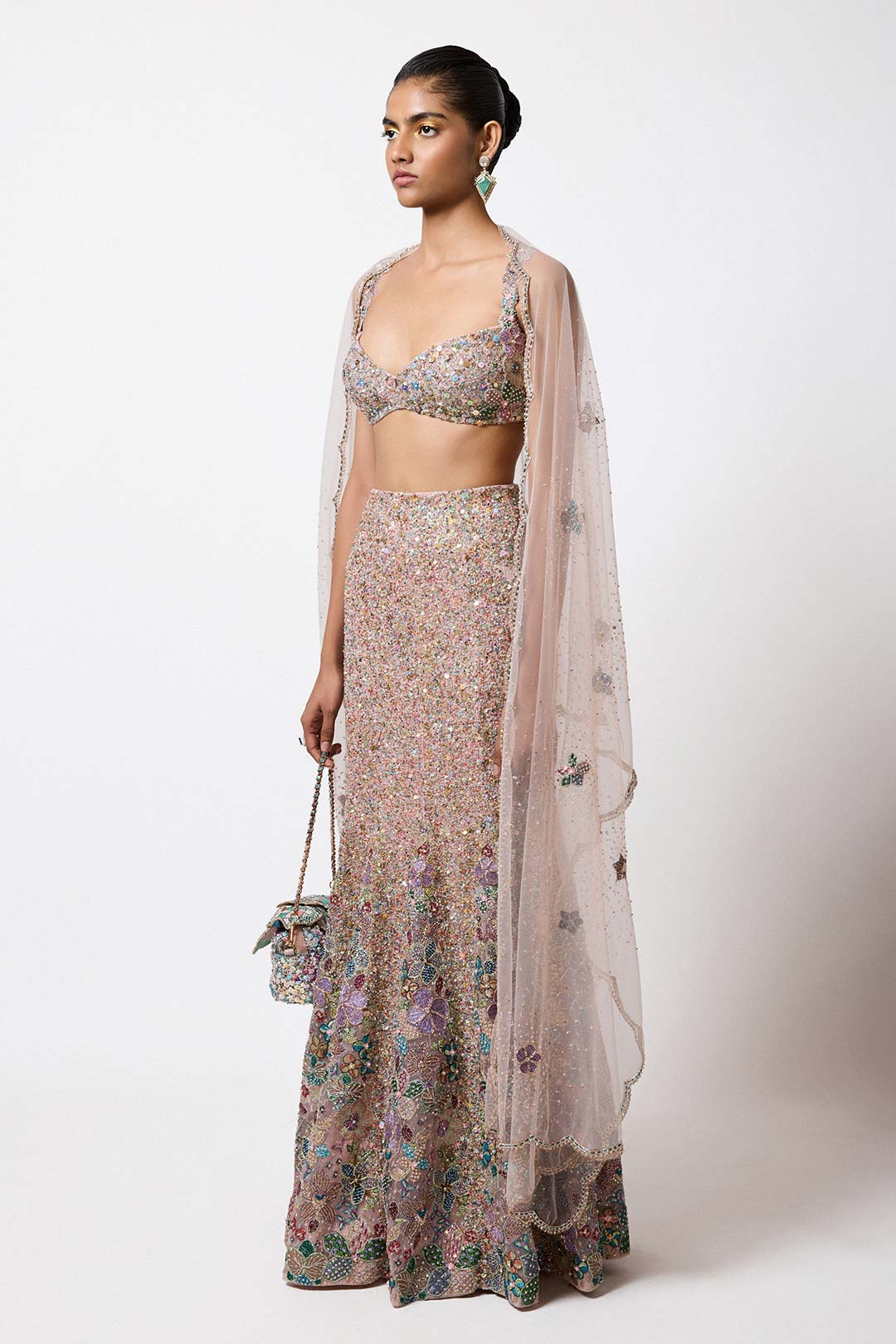 Belladee - Pink Tulle Net Fish Tail Lehenga Set