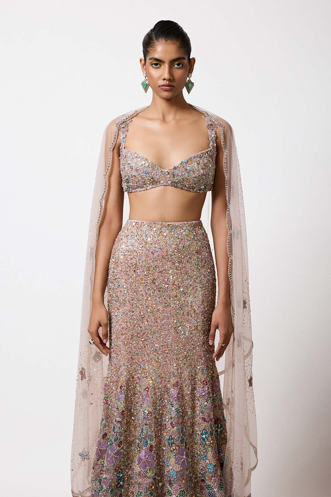 Belladee - Pink Tulle Net Fish Tail Lehenga Set