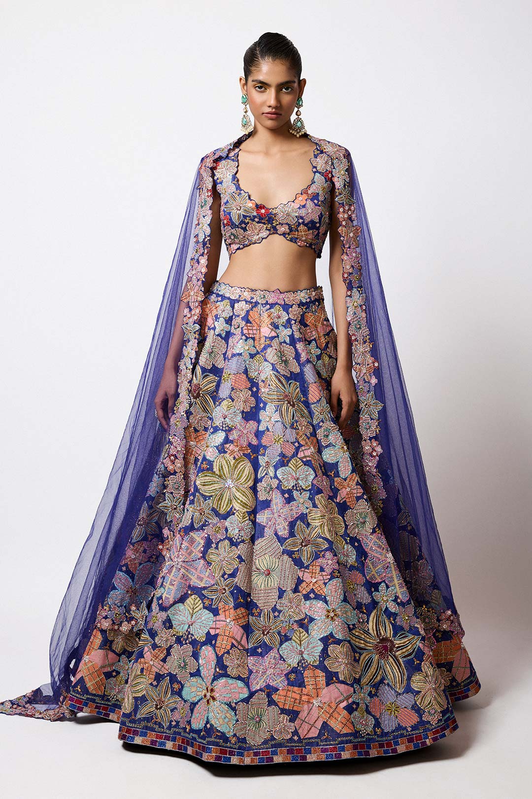 Cyanora - Electric Blue Kasab Satin Big Flower Lehenga Set