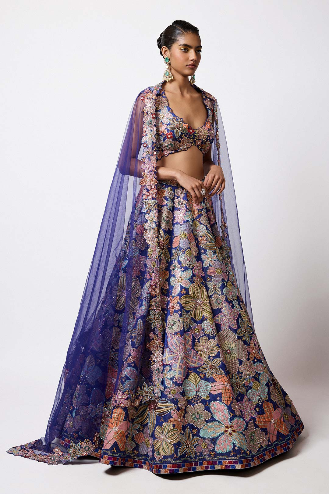 Cyanora - Electric Blue Kasab Satin Big Flower Lehenga Set