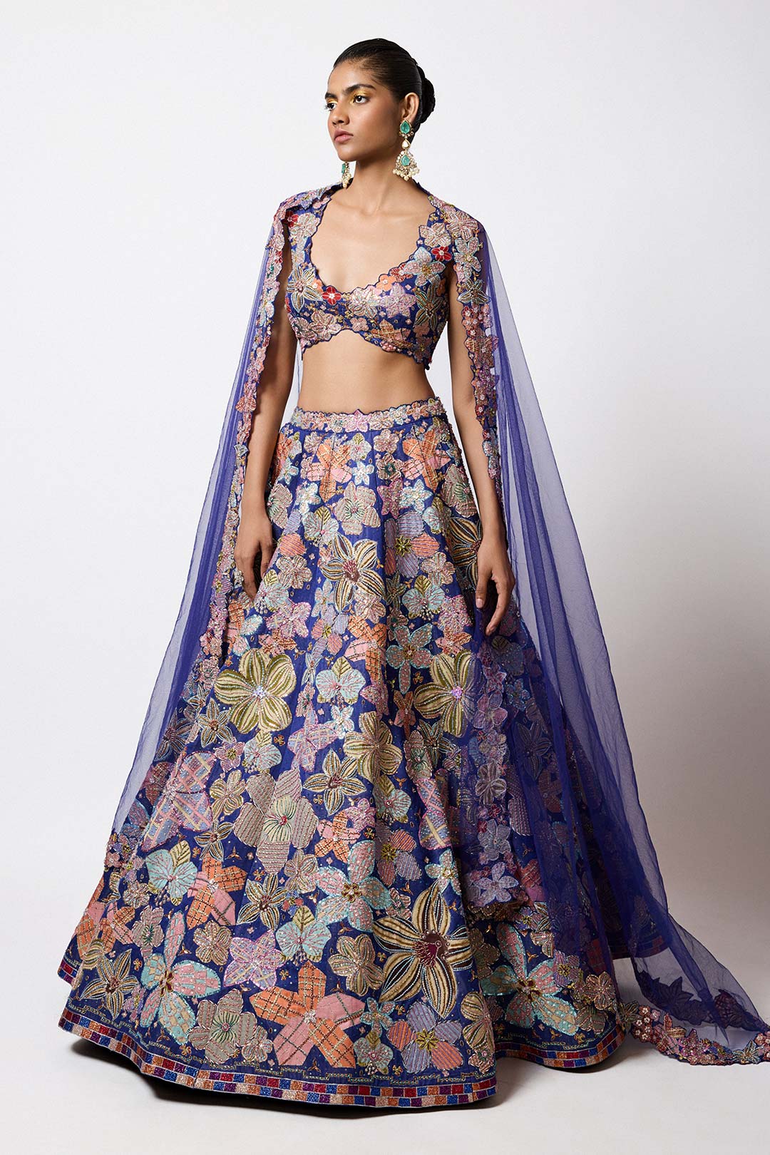 Cyanora - Electric Blue Kasab Satin Big Flower Lehenga Set