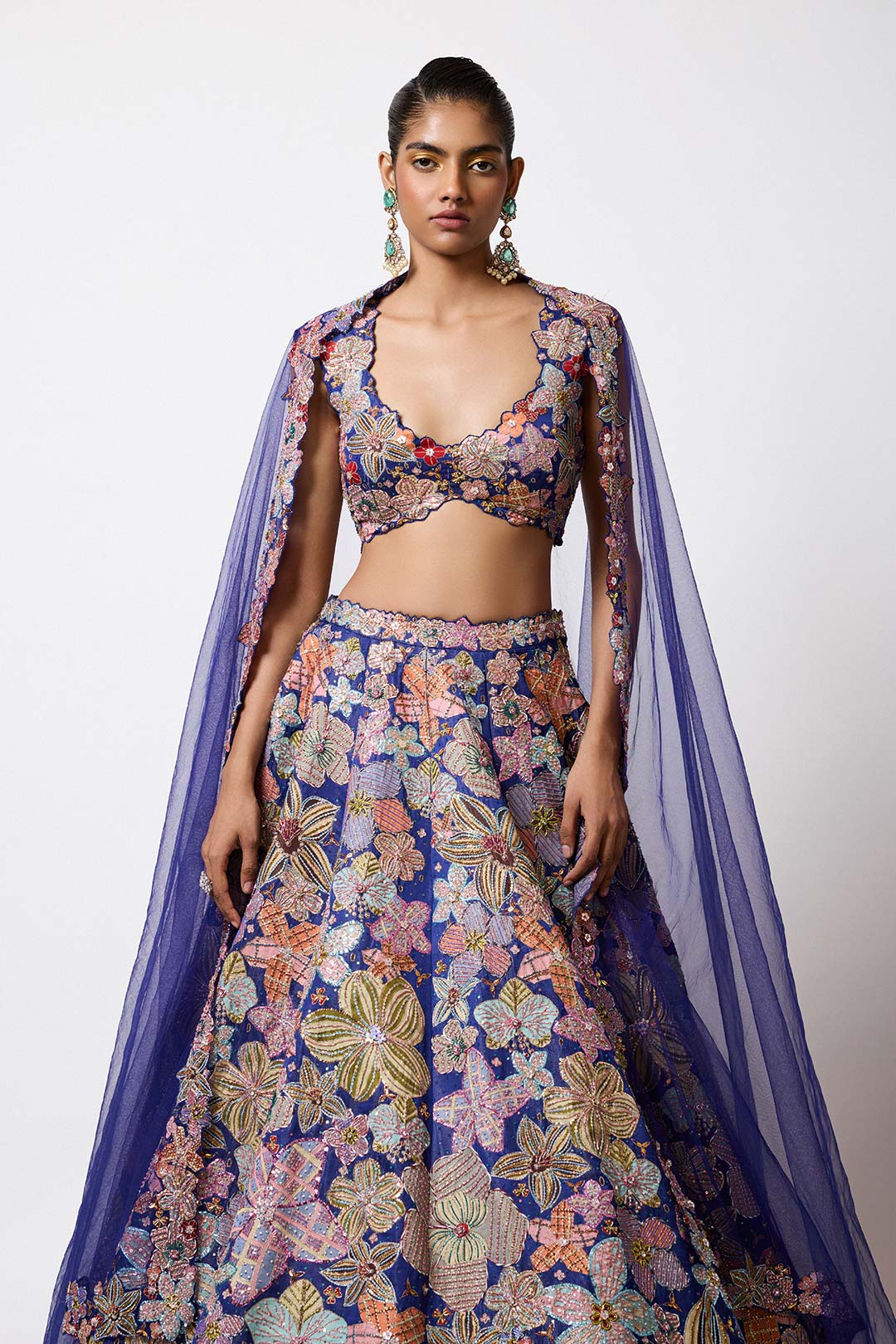 Cyanora - Electric Blue Kasab Satin Big Flower Lehenga Set