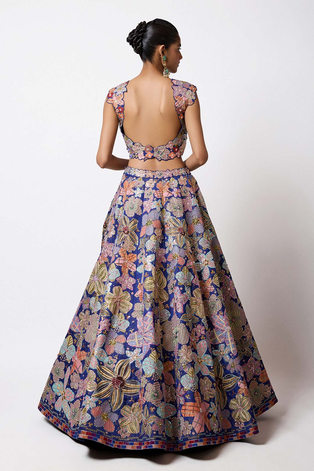 Cyanora - Electric Blue Kasab Satin Big Flower Lehenga Set