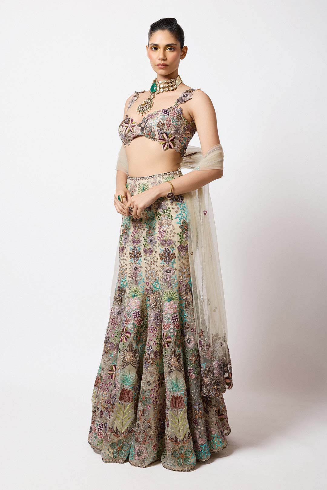 Liora - Beige Tulle Net Lehenga Set