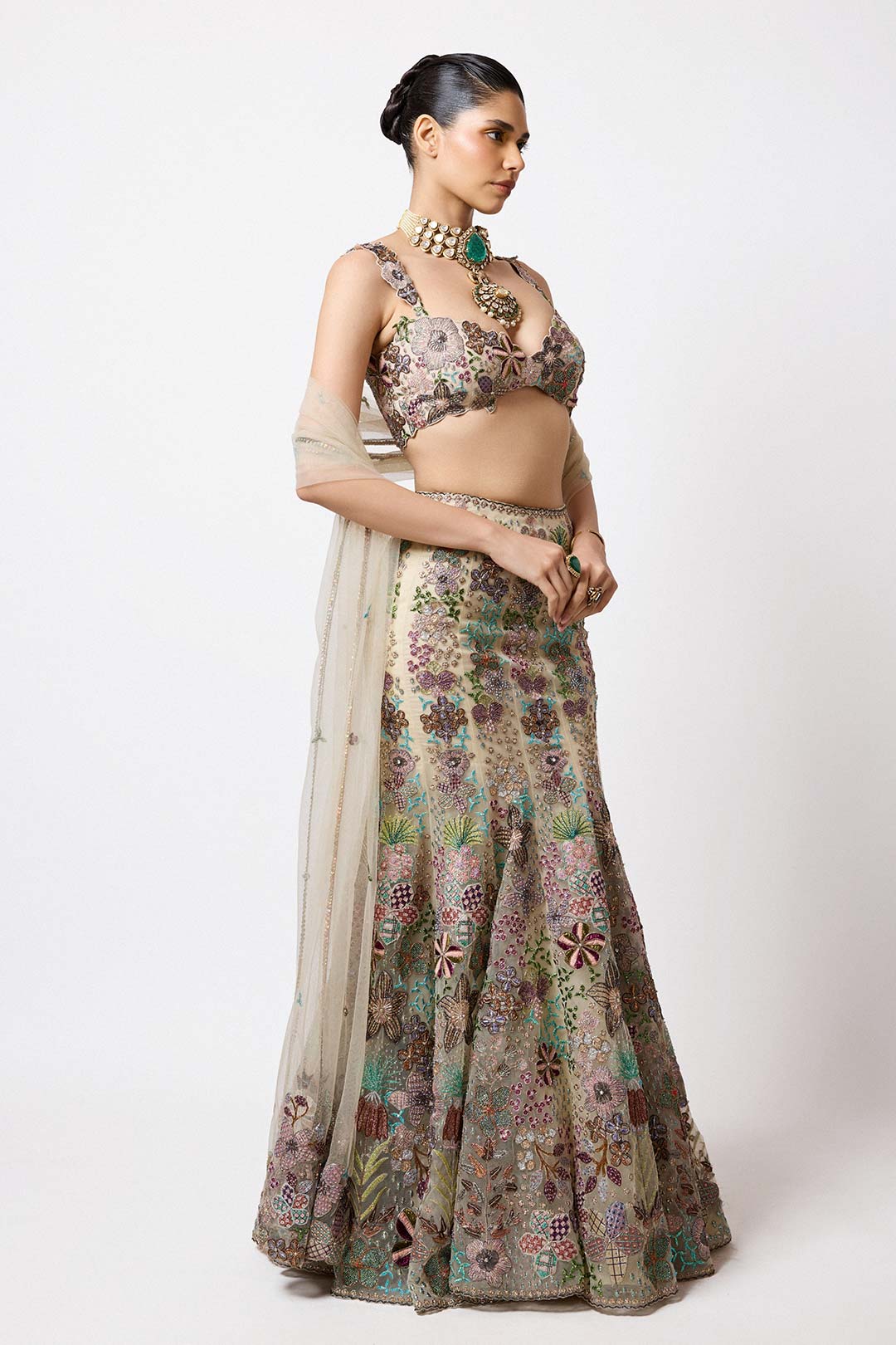 Liora - Beige Tulle Net Lehenga Set
