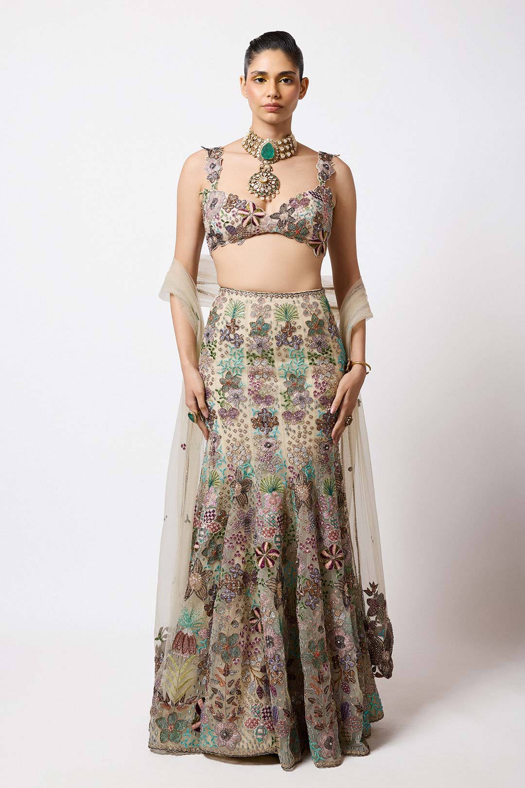 Liora - Beige Tulle Net Lehenga Set