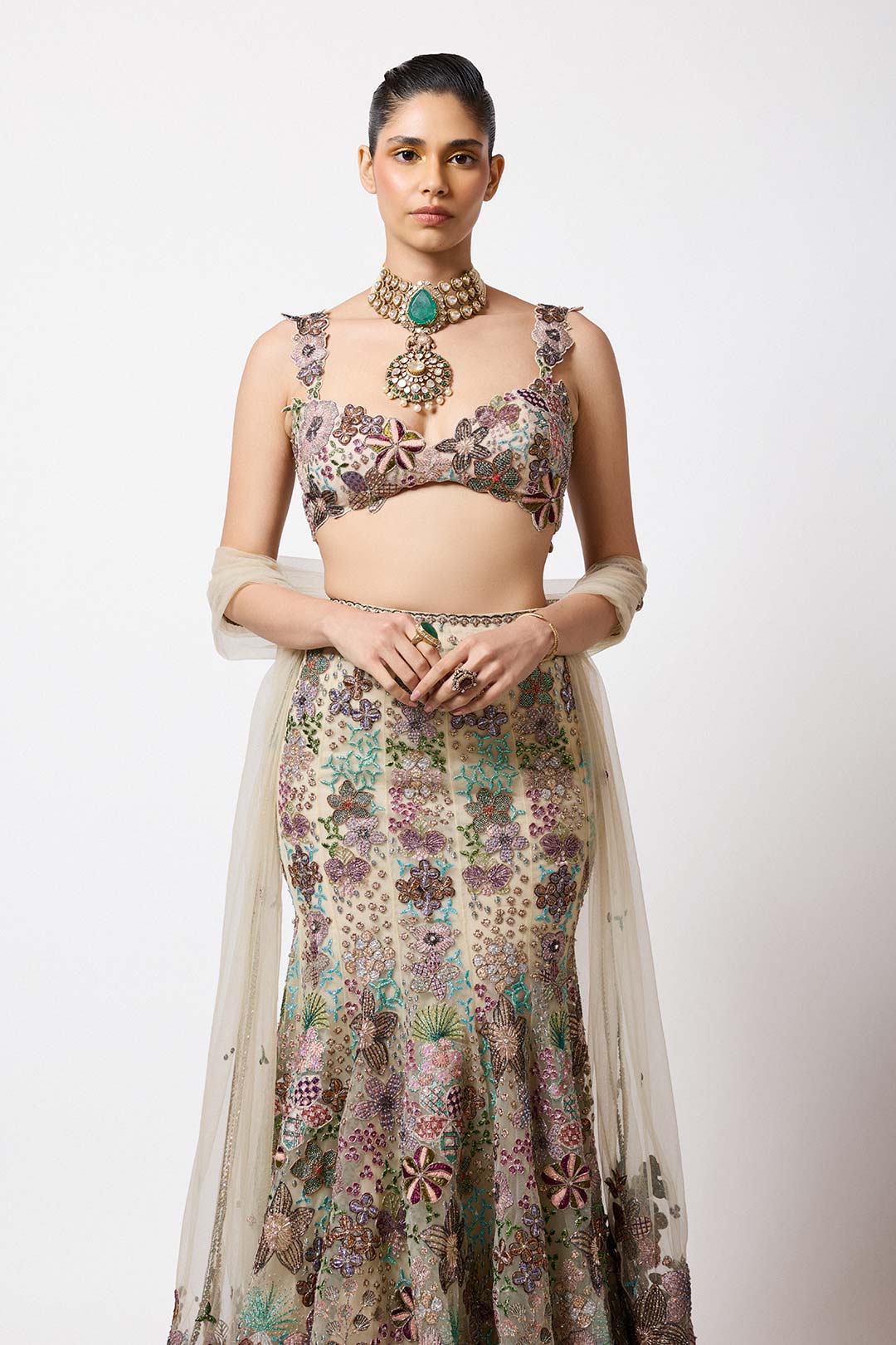 Liora - Beige Tulle Net Lehenga Set