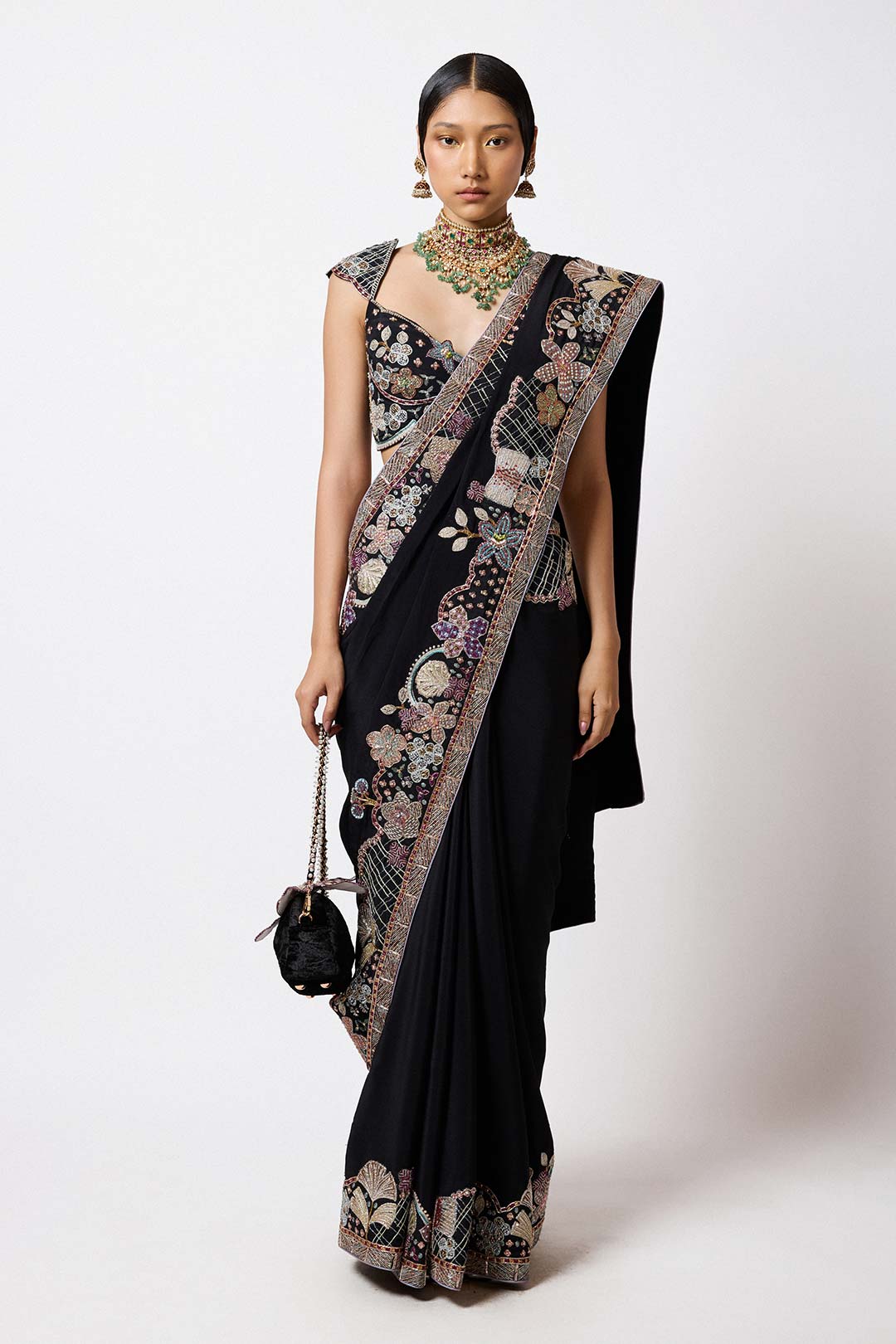 Shinora - Black Mulberry Crepe Saree Set