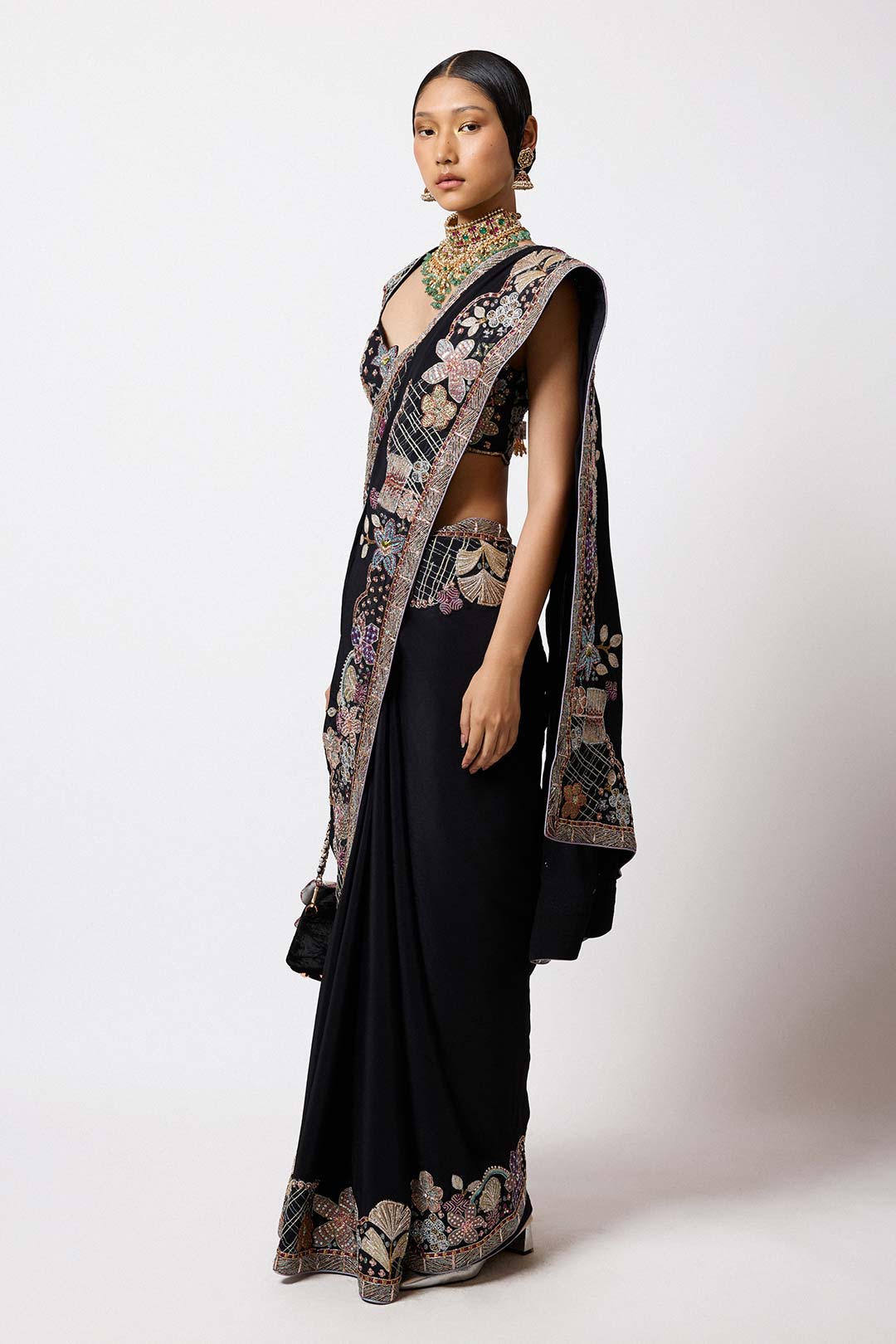 Shinora - Black Mulberry Crepe Saree Set