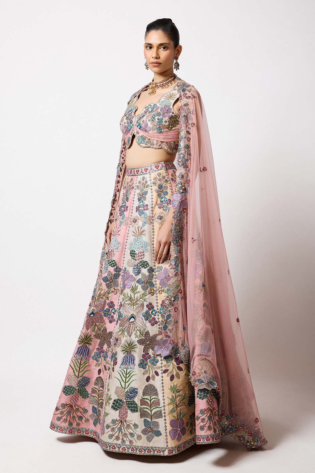 Tuilora - Tricolour Raw Silk Lehenga Set