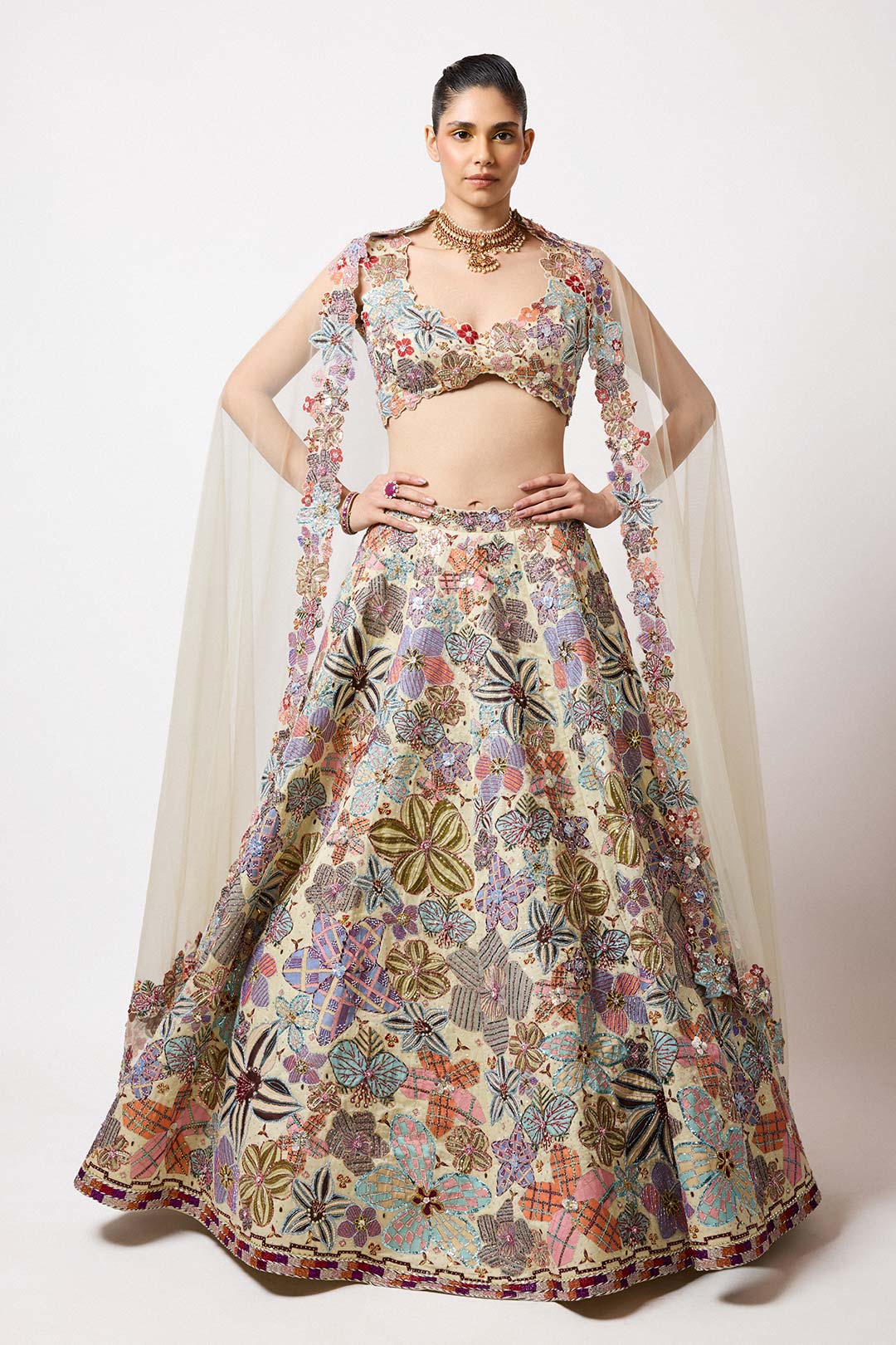 Cyanora - Ivory Kasab Satin Big Flower Lehenga Set