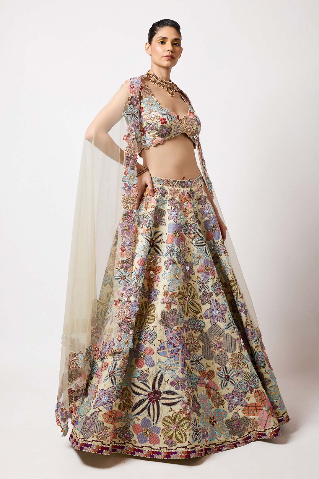 Cyanora - Ivory Kasab Satin Big Flower Lehenga Set